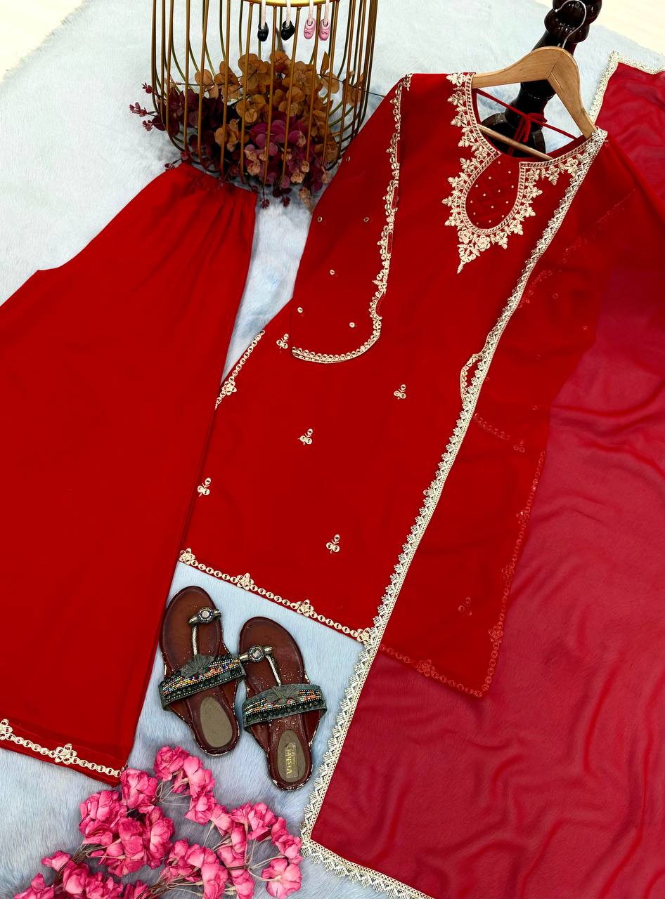 Hand Stone & Sequin Work Kurti with Palazzo & Dupatta 3-Piece Set