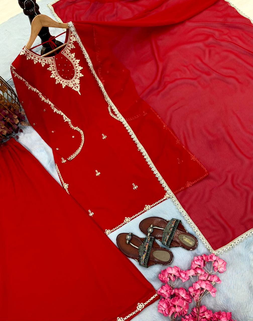 Hand Stone & Sequin Work Kurti with Palazzo & Dupatta 3-Piece Set