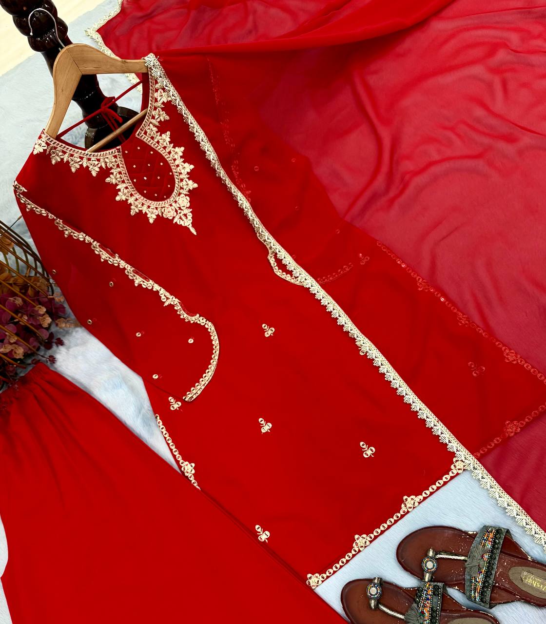 Hand Stone & Sequin Work Kurti with Palazzo & Dupatta 3-Piece Set
