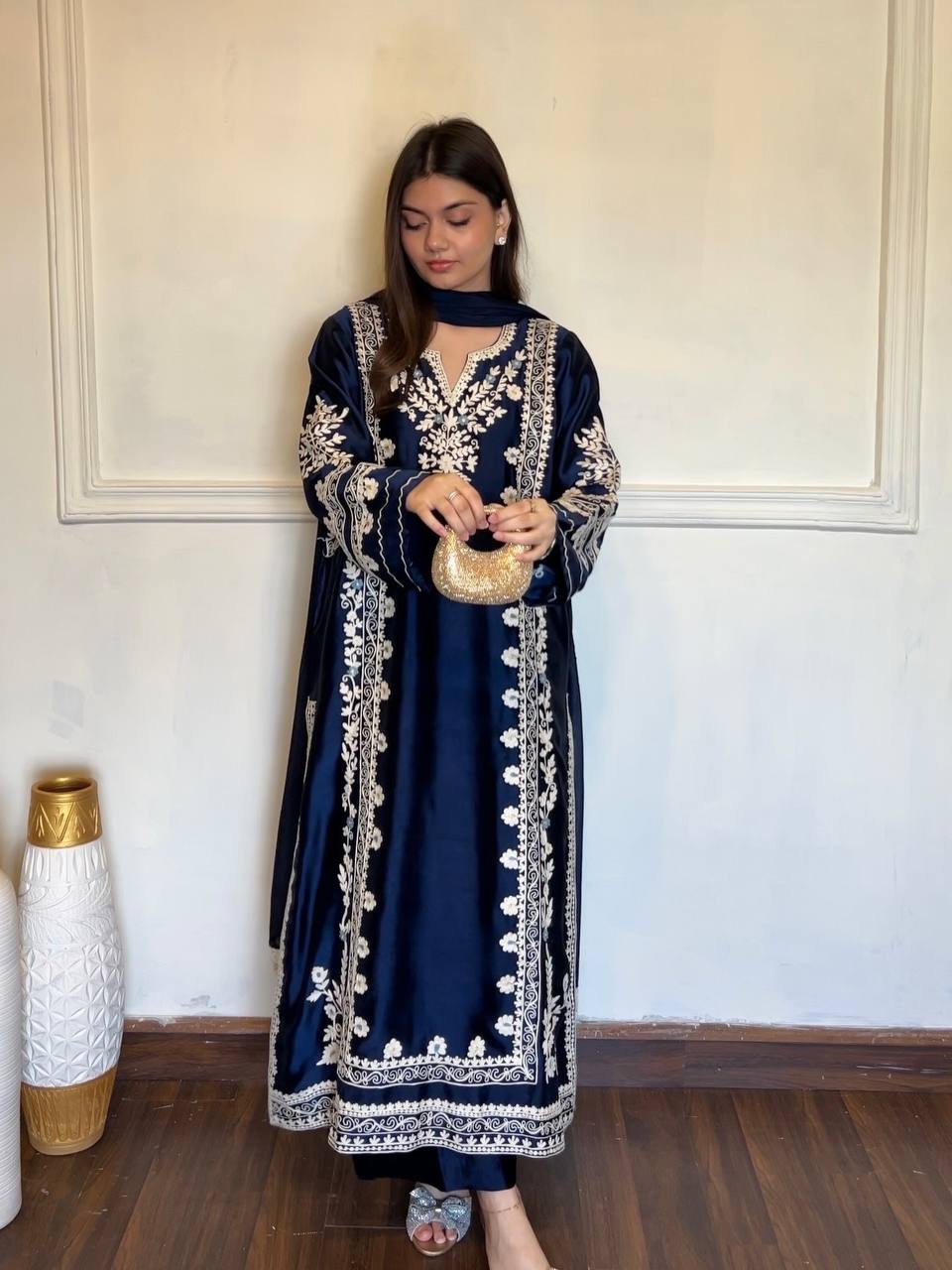 Designer Pure Satin Rayon Oversized Long Kaftan with Bottom & Tabby Organza Dupatta 3-Piece Set