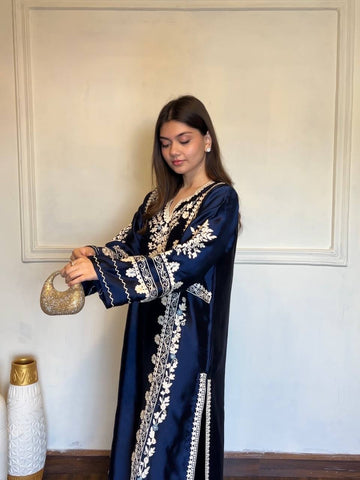 Designer Pure Satin Rayon Oversized Long Kaftan with Bottom & Tabby Organza Dupatta 3-Piece Set