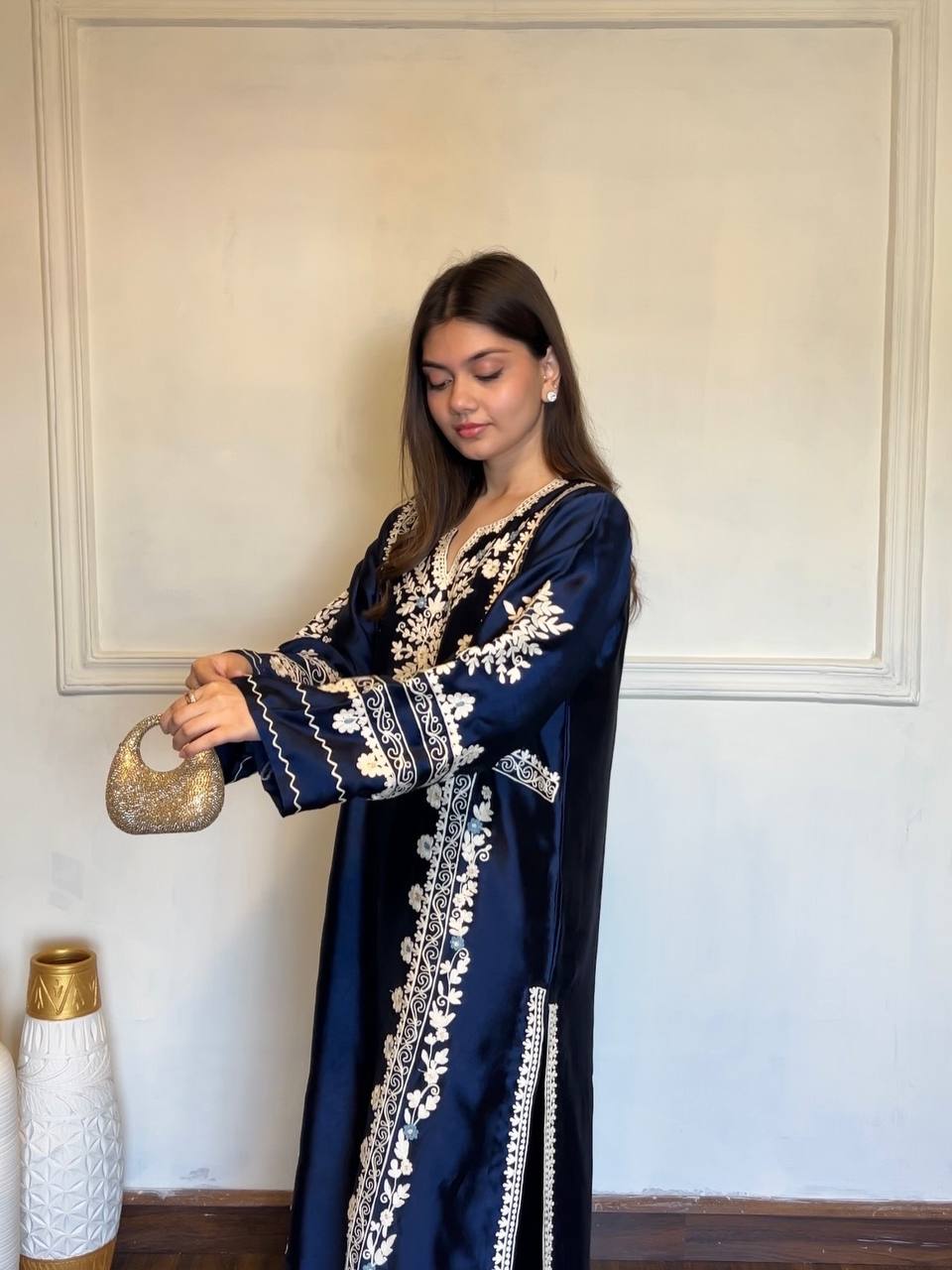 Designer Pure Satin Rayon Oversized Long Kaftan with Bottom & Tabby Organza Dupatta 3-Piece Set