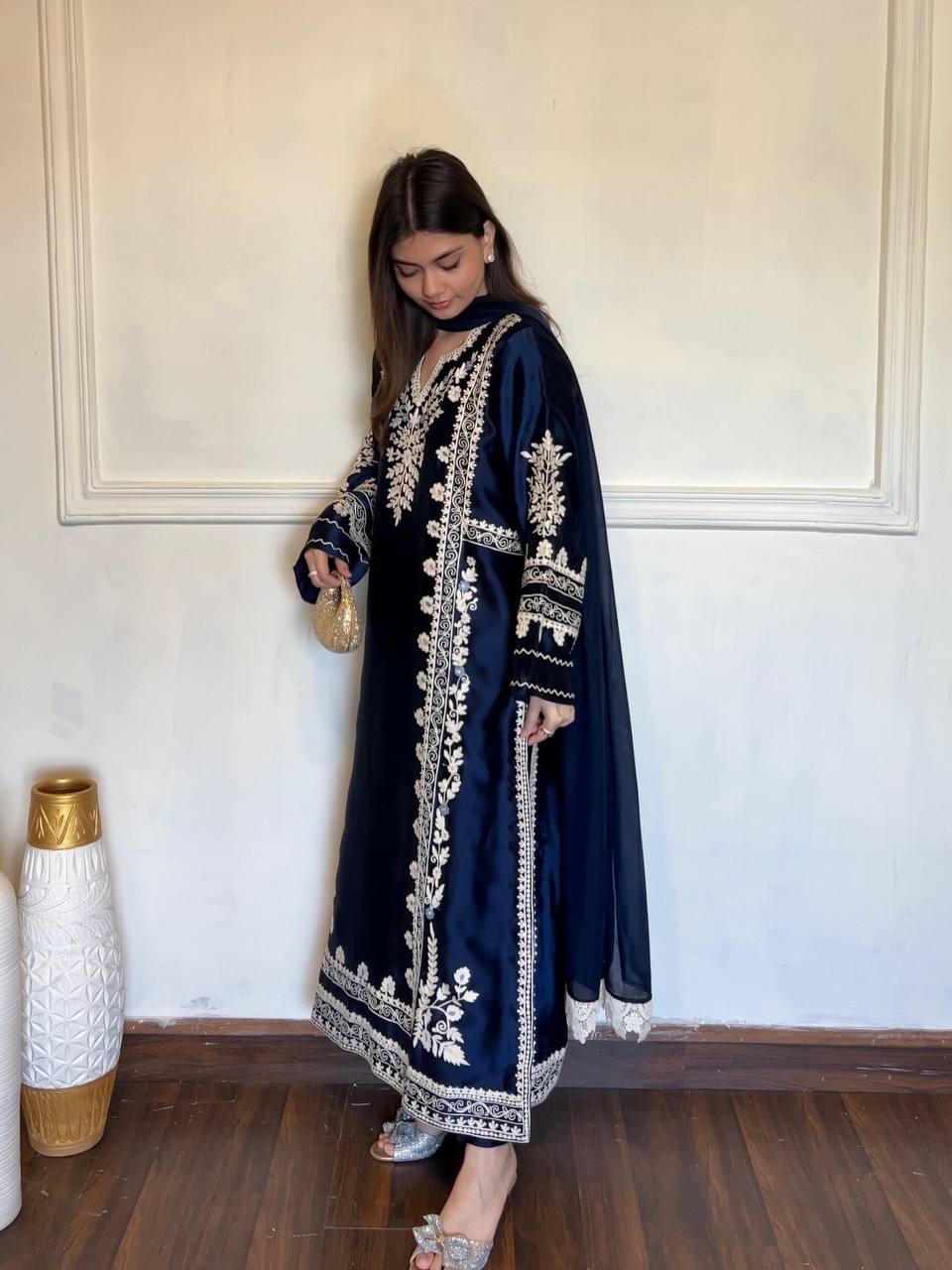 Designer Pure Satin Rayon Oversized Long Kaftan with Bottom & Tabby Organza Dupatta 3-Piece Set