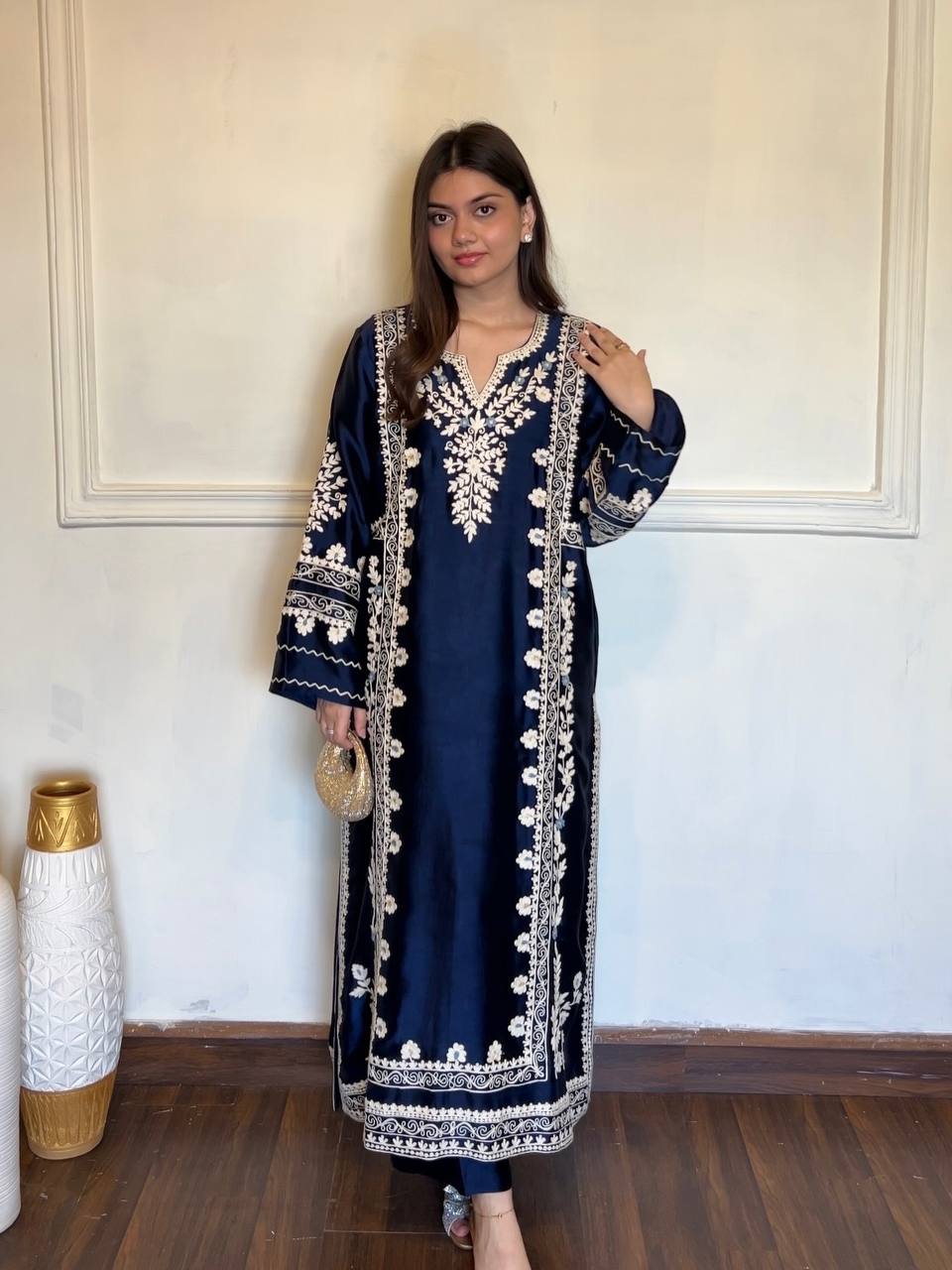Designer Pure Satin Rayon Oversized Long Kaftan with Bottom & Tabby Organza Dupatta 3-Piece Set