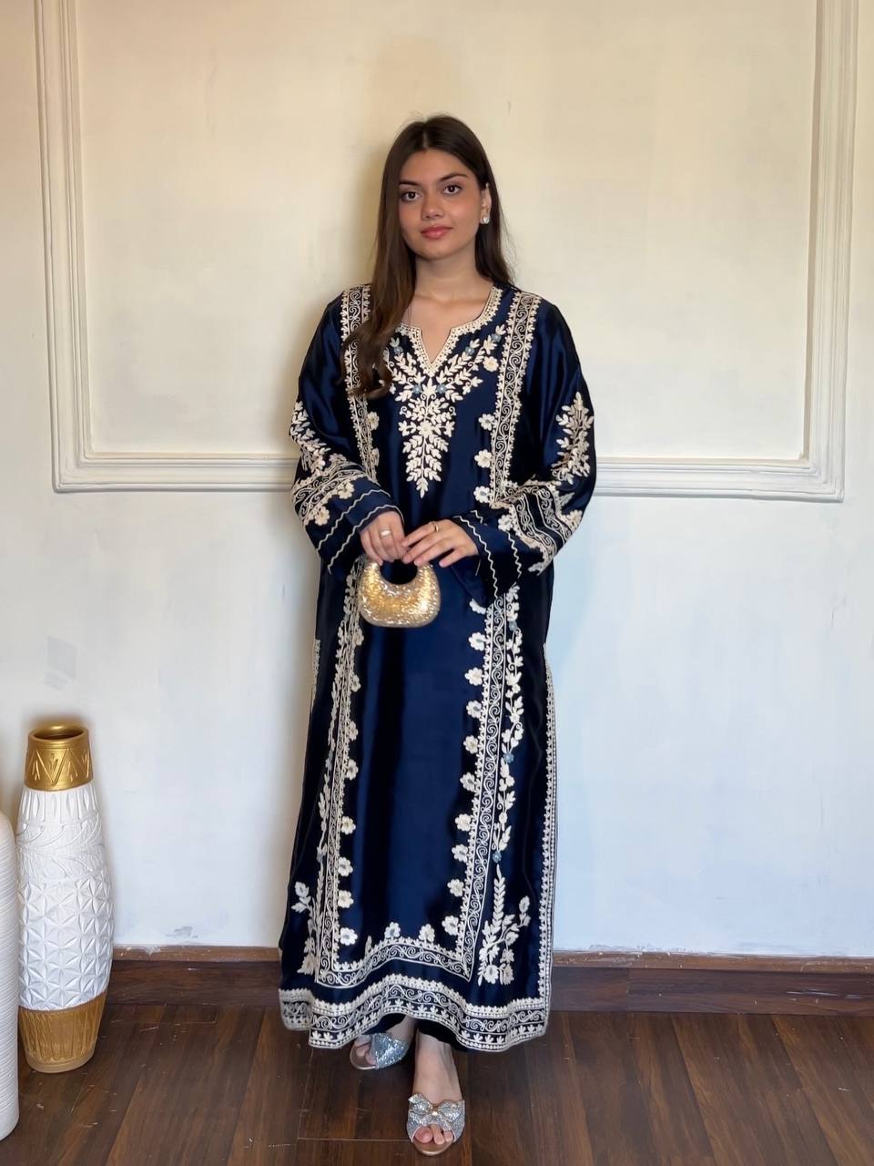 Designer Pure Satin Rayon Oversized Long Kaftan with Bottom & Tabby Organza Dupatta 3-Piece Set