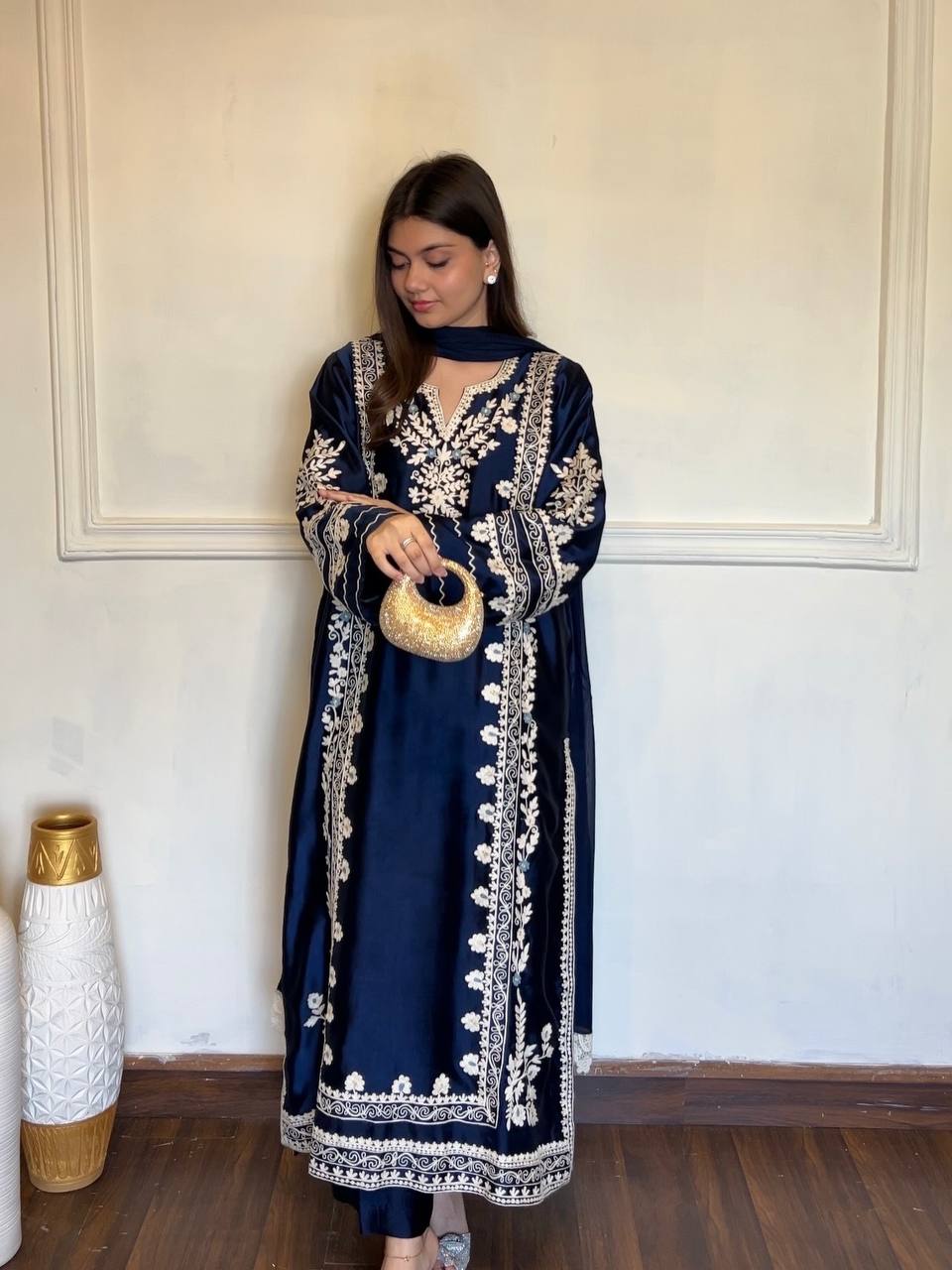 Designer Pure Satin Rayon Oversized Long Kaftan with Bottom & Tabby Organza Dupatta 3-Piece Set