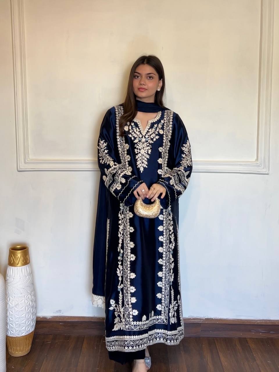 Designer Pure Satin Rayon Oversized Long Kaftan with Bottom & Tabby Organza Dupatta 3-Piece Set
