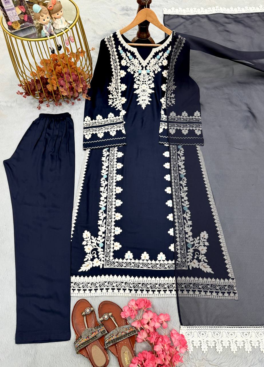 Designer Pure Satin Rayon Oversized Long Kaftan with Bottom & Tabby Organza Dupatta 3-Piece Set