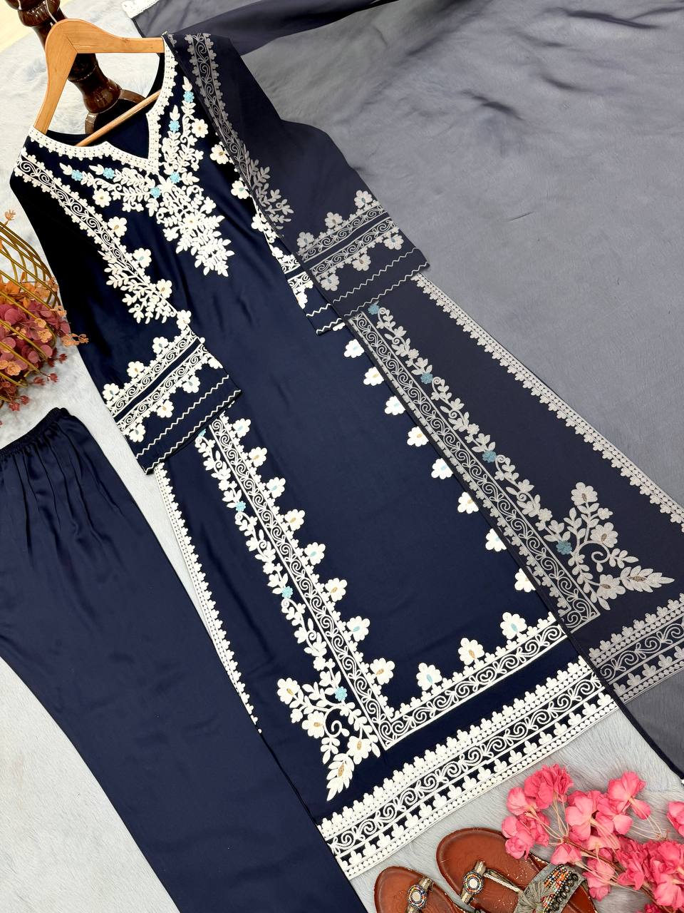 Designer Pure Satin Rayon Oversized Long Kaftan with Bottom & Tabby Organza Dupatta 3-Piece Set