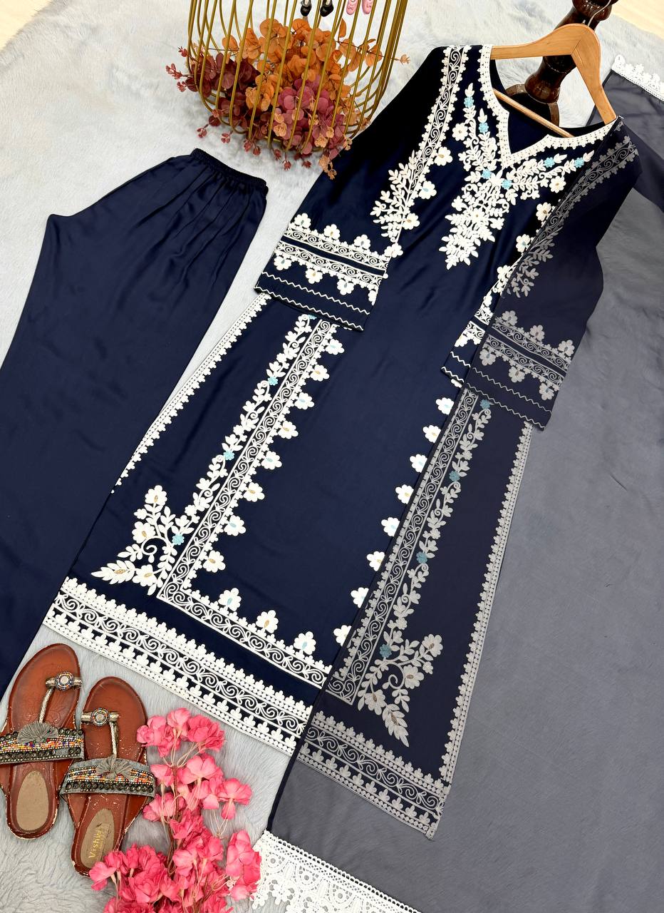 Designer Pure Satin Rayon Oversized Long Kaftan with Bottom & Tabby Organza Dupatta 3-Piece Set
