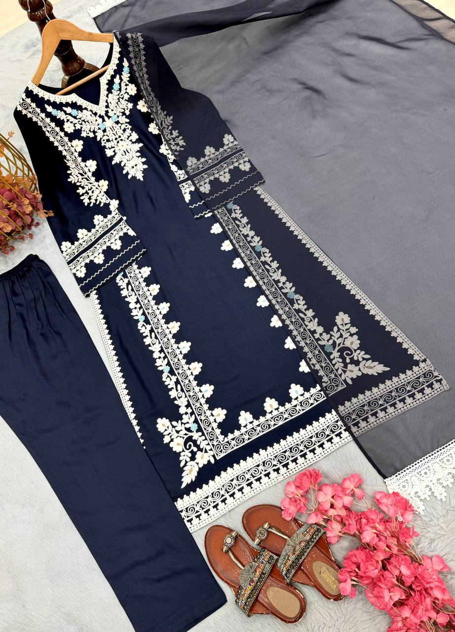 Designer Pure Satin Rayon Oversized Long Kaftan with Bottom & Tabby Organza Dupatta 3-Piece Set