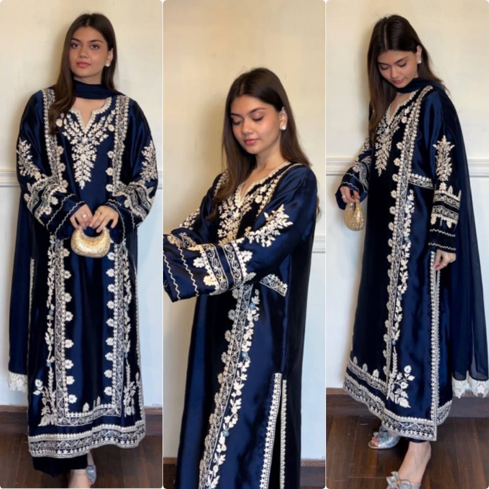 Designer Pure Satin Rayon Oversized Long Kaftan with Bottom & Tabby Organza Dupatta 3-Piece Set