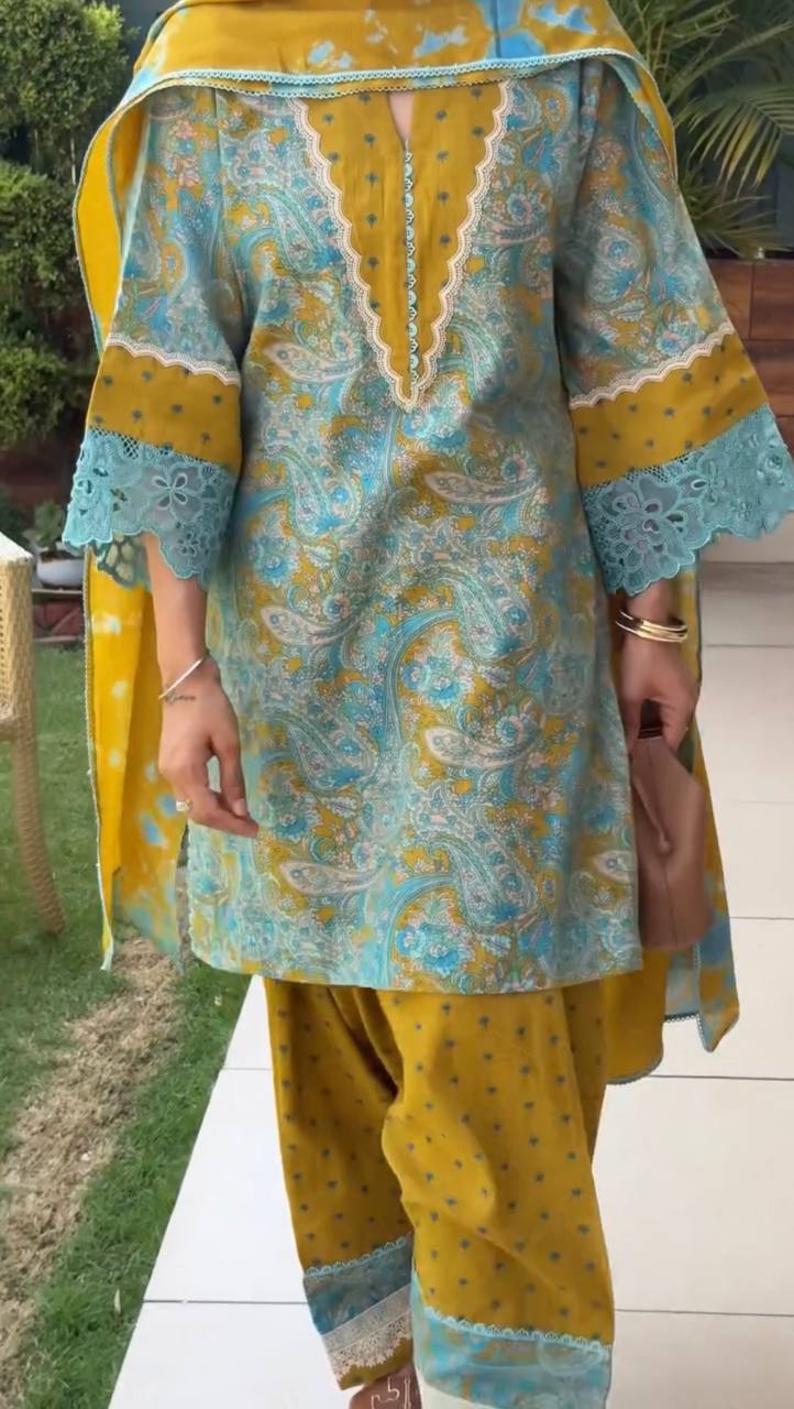 Women's Pure Printed Cambric Cotton Party Wear Farshi Palazzo Suit Set with GPU Lace Border