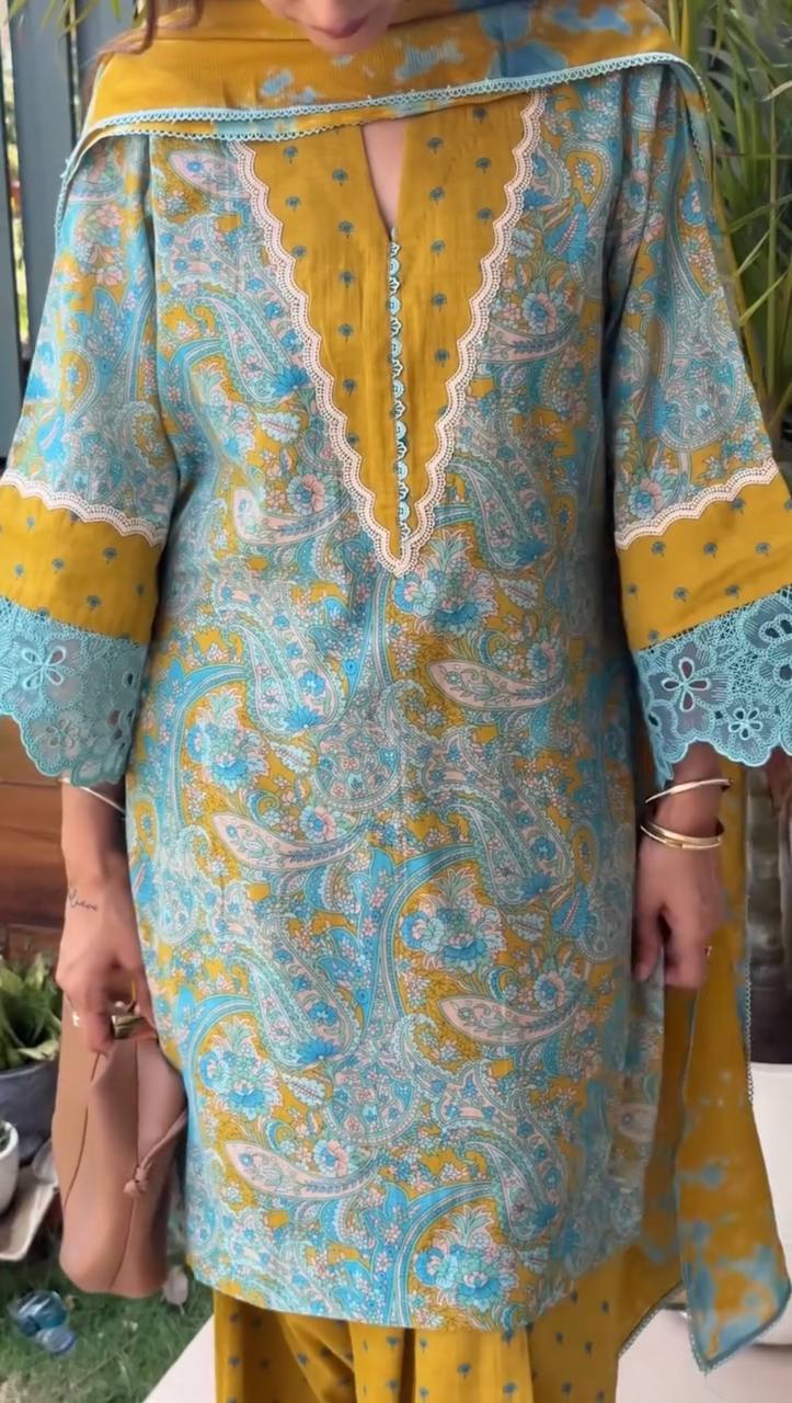 Women's Pure Printed Cambric Cotton Party Wear Farshi Palazzo Suit Set with GPU Lace Border