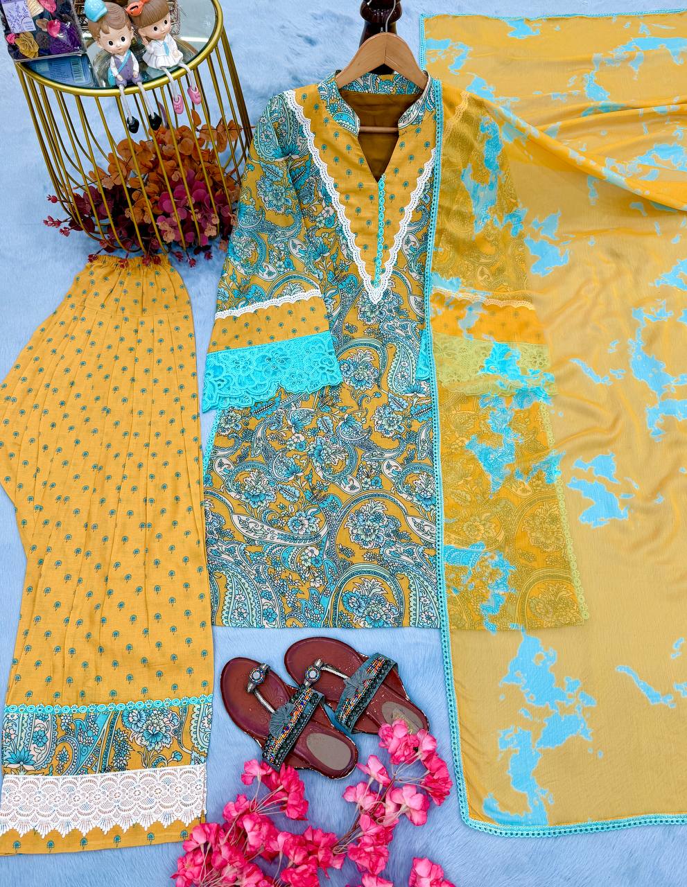 Women's Pure Printed Cambric Cotton Party Wear Farshi Palazzo Suit Set with GPU Lace Border