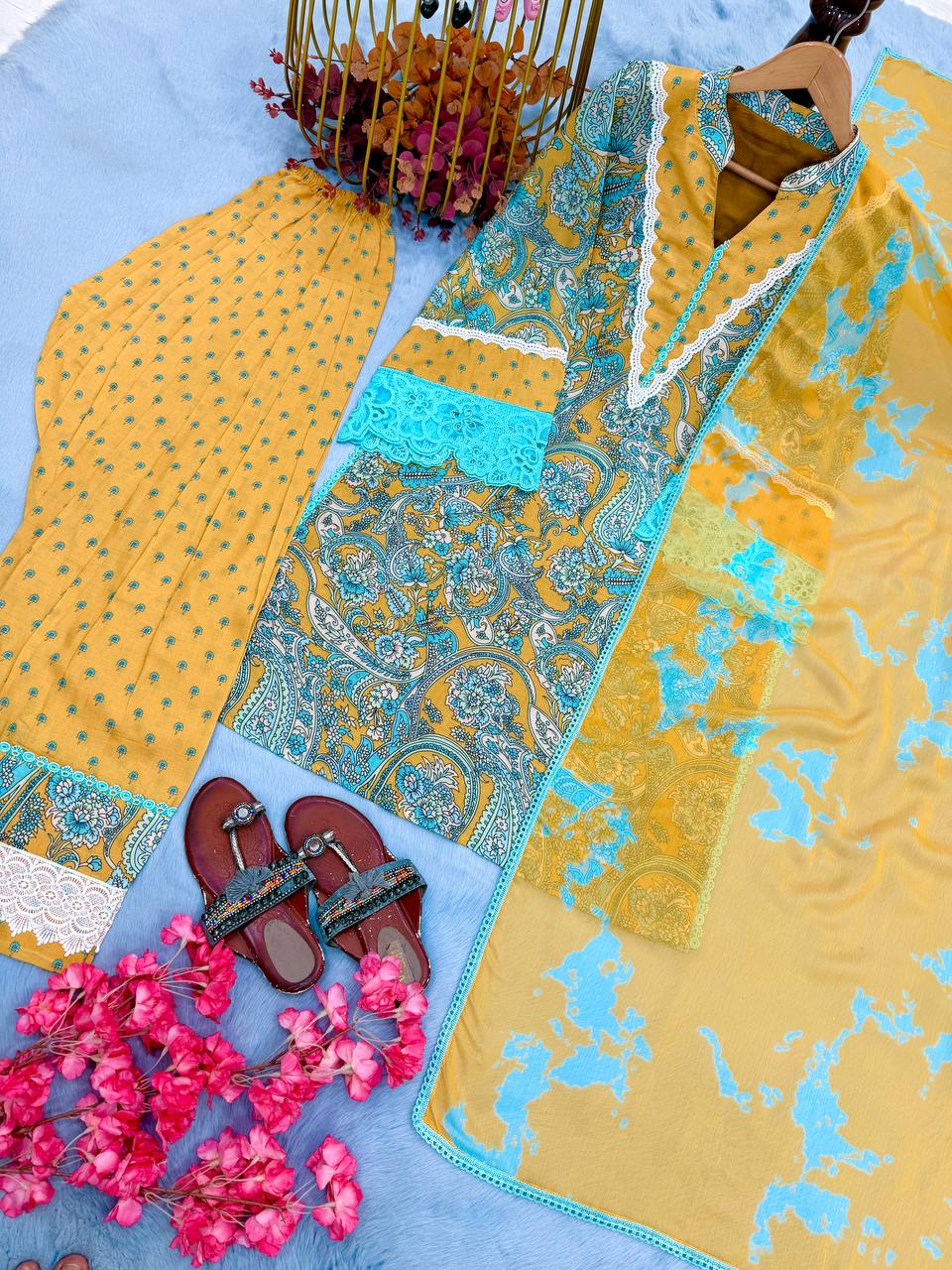 Women's Pure Printed Cambric Cotton Party Wear Farshi Palazzo Suit Set with GPU Lace Border