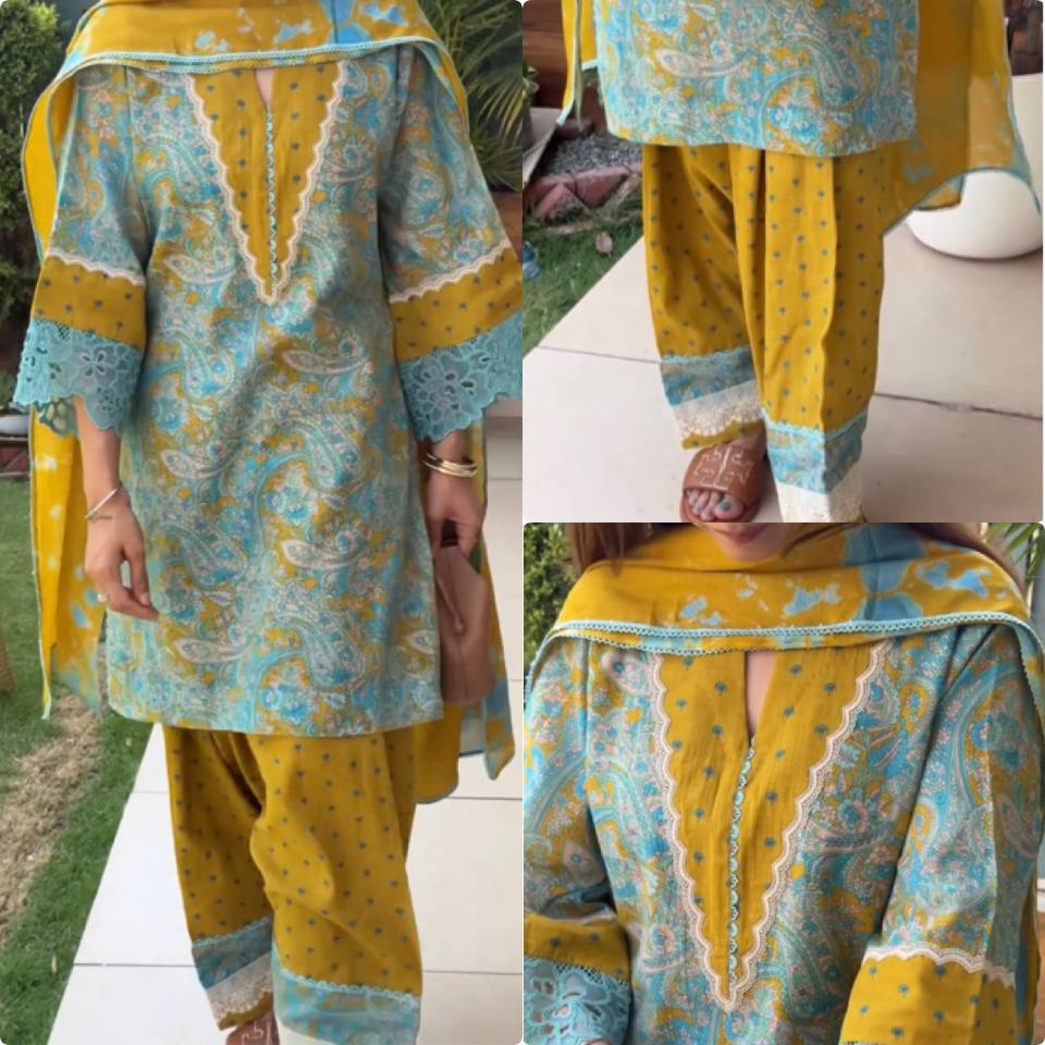 Women's Pure Printed Cambric Cotton Party Wear Farshi Palazzo Suit Set with GPU Lace Border