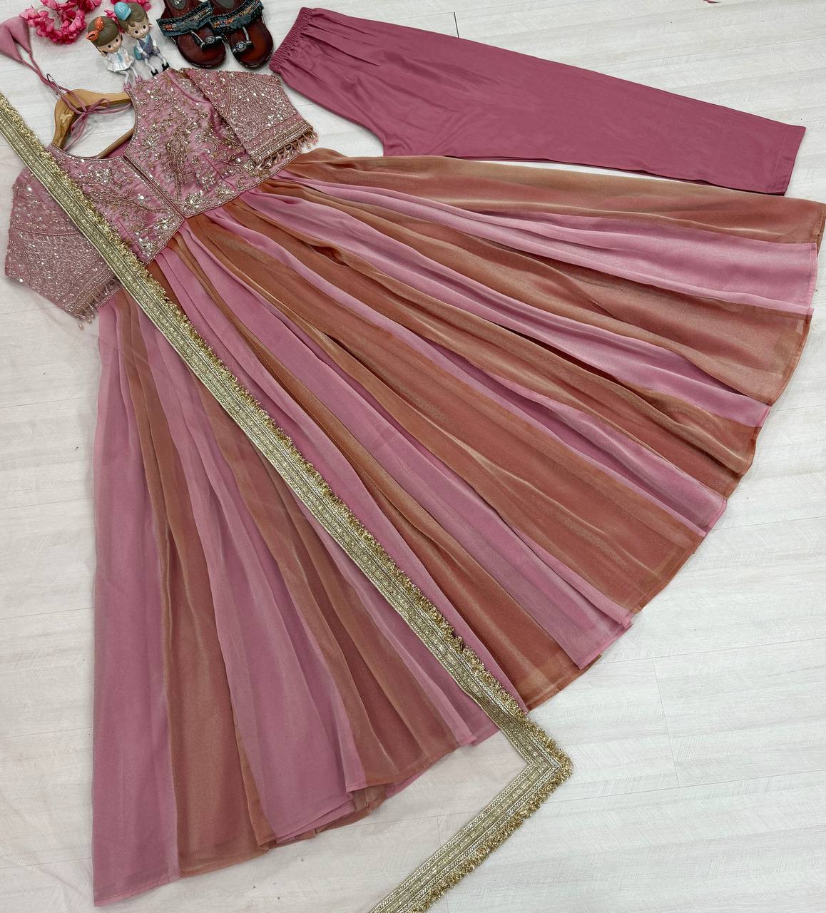 NC Moss Silk Festive Gown Set with & Butterfly Dupatta