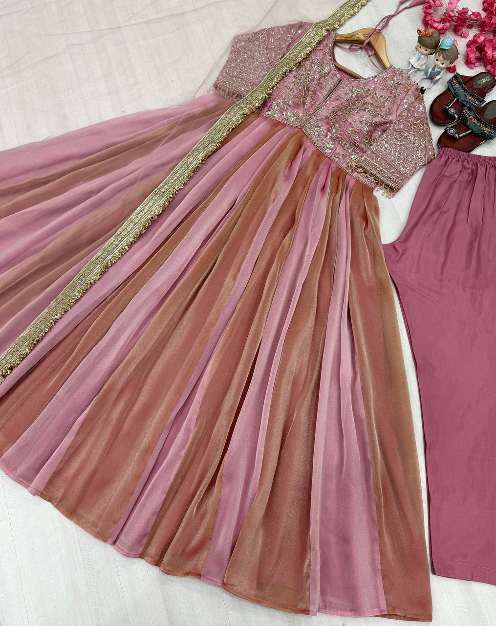 NC Moss Silk Festive Gown Set with & Butterfly Dupatta