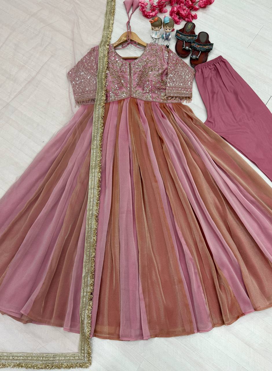 NC Moss Silk Festive Gown Set with & Butterfly Dupatta