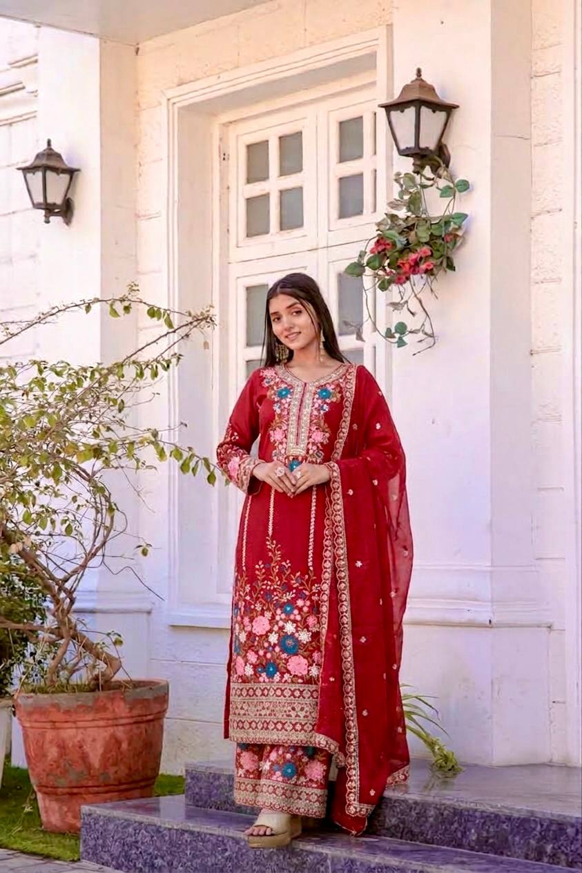 Heavy Chinon Silk Diamond Work Kurti Palazzo Set