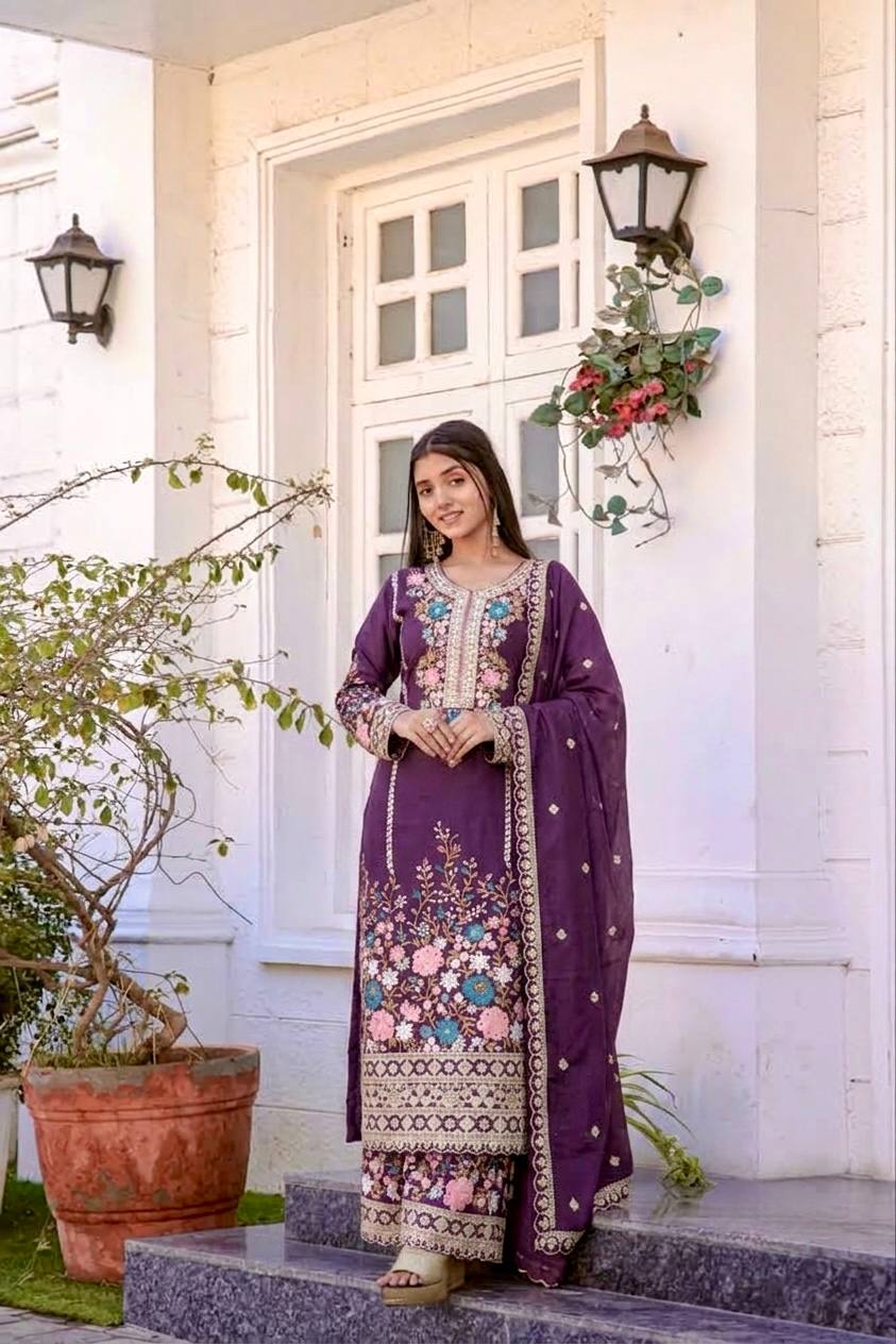 Heavy Chinon Silk Diamond Work Kurti Palazzo Set