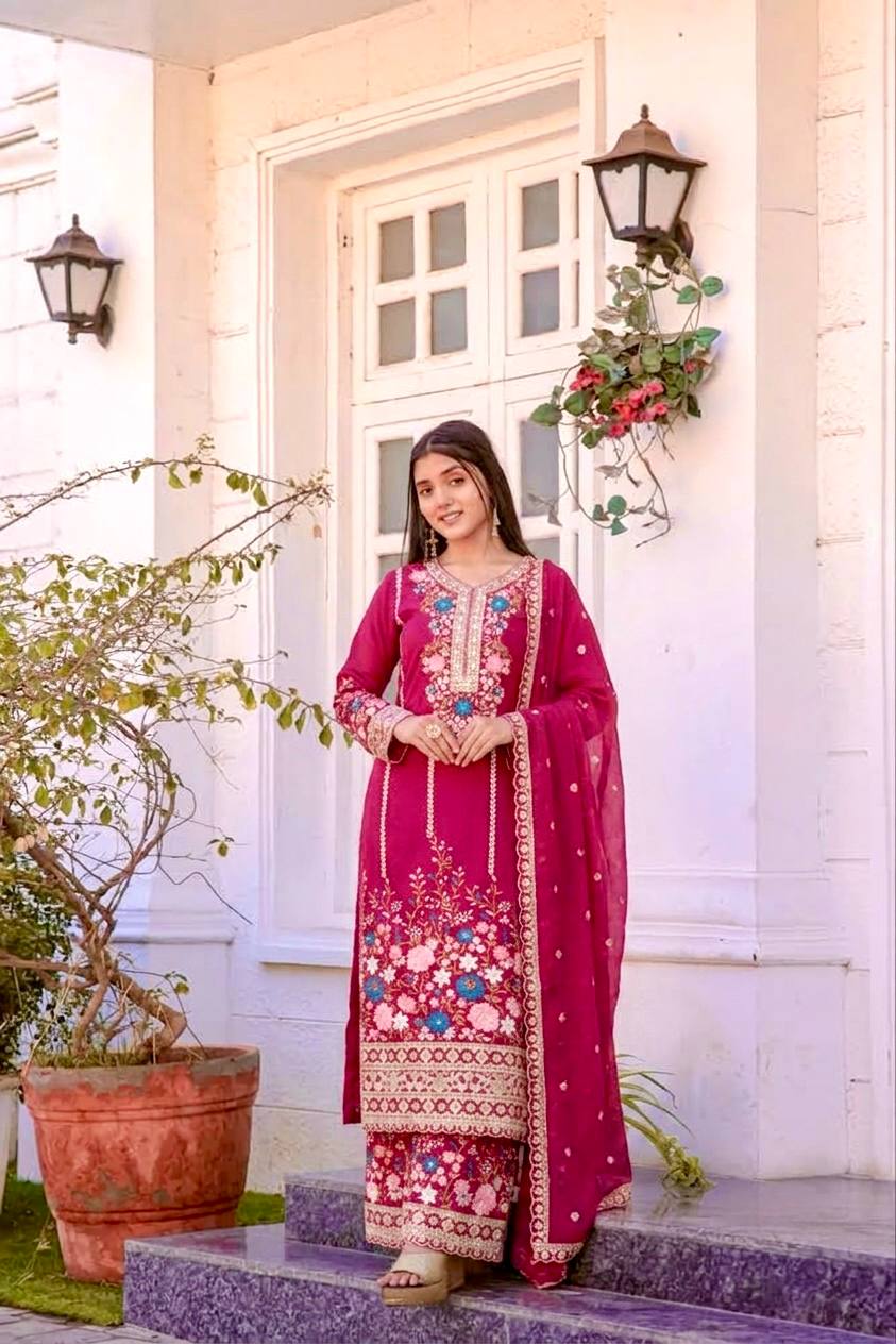 Heavy Chinon Silk Diamond Work Kurti Palazzo Set