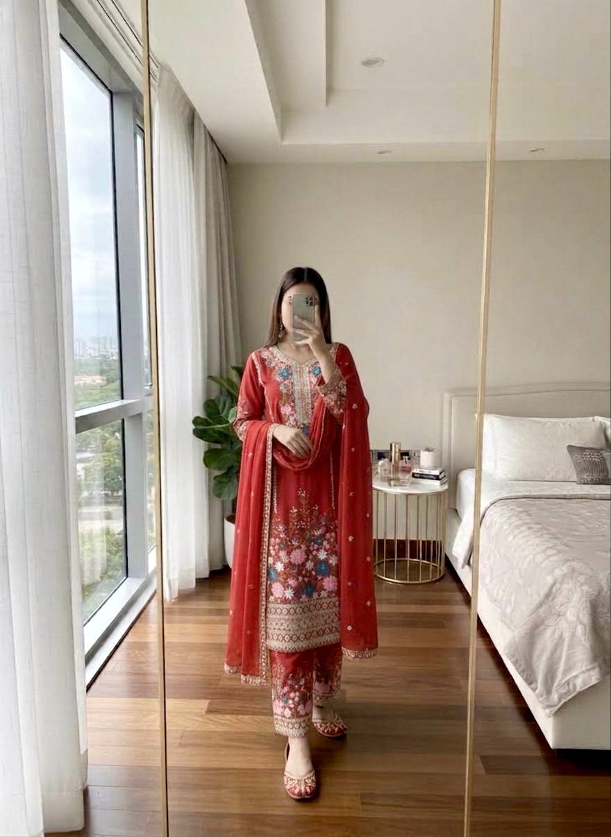 Heavy Chinon Silk Diamond Work Kurti Palazzo Set