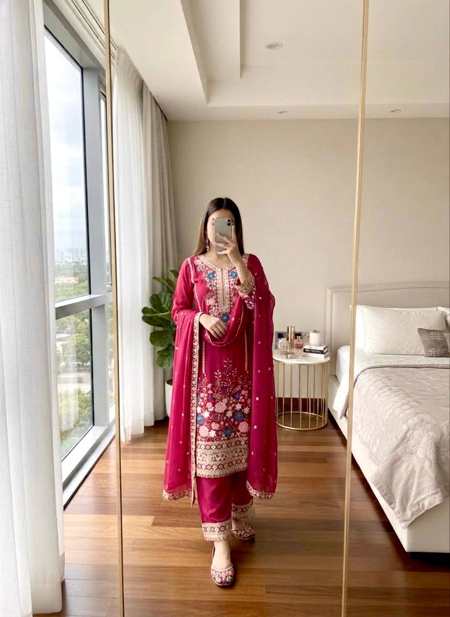 Heavy Chinon Silk Diamond Work Kurti Palazzo Set