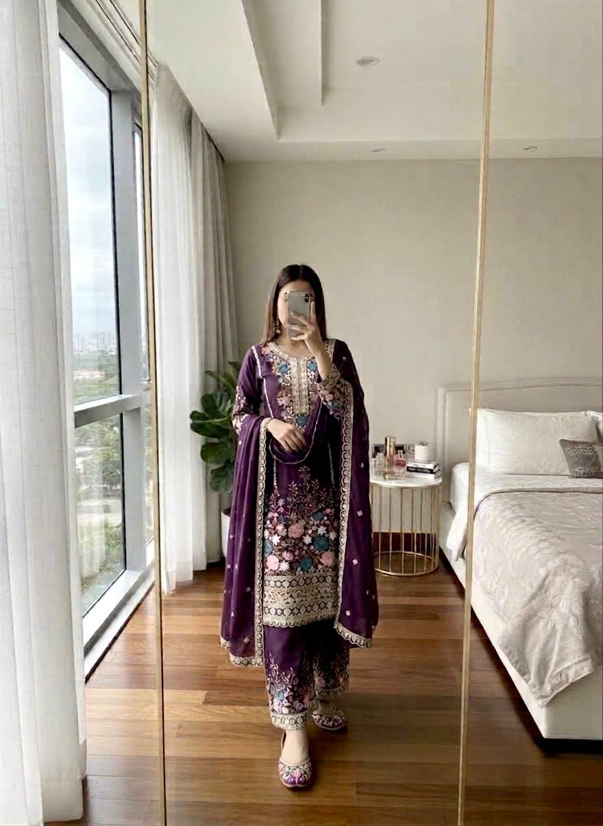 Heavy Chinon Silk Diamond Work Kurti Palazzo Set
