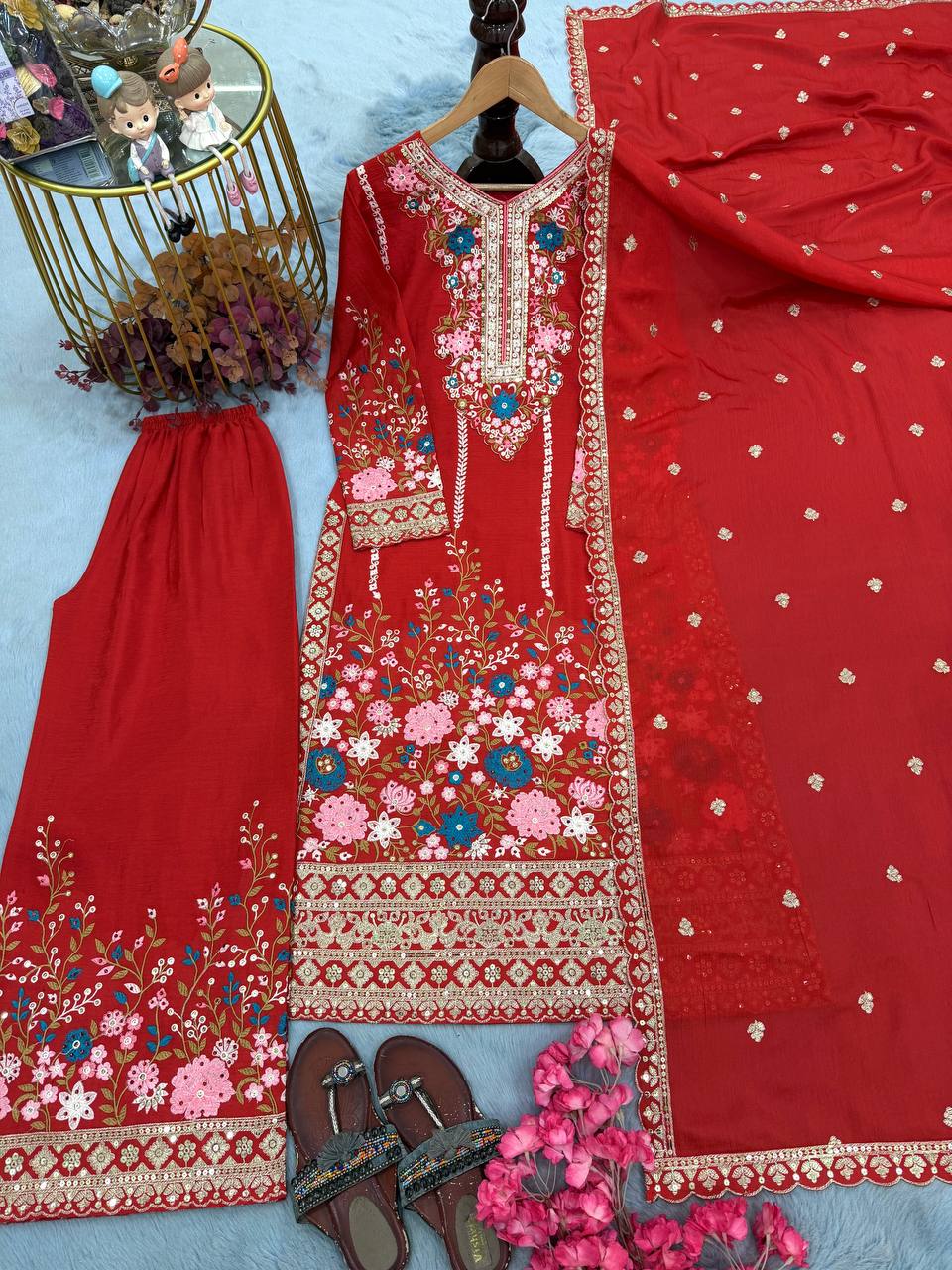 Heavy Chinon Silk Diamond Work Kurti Palazzo Set