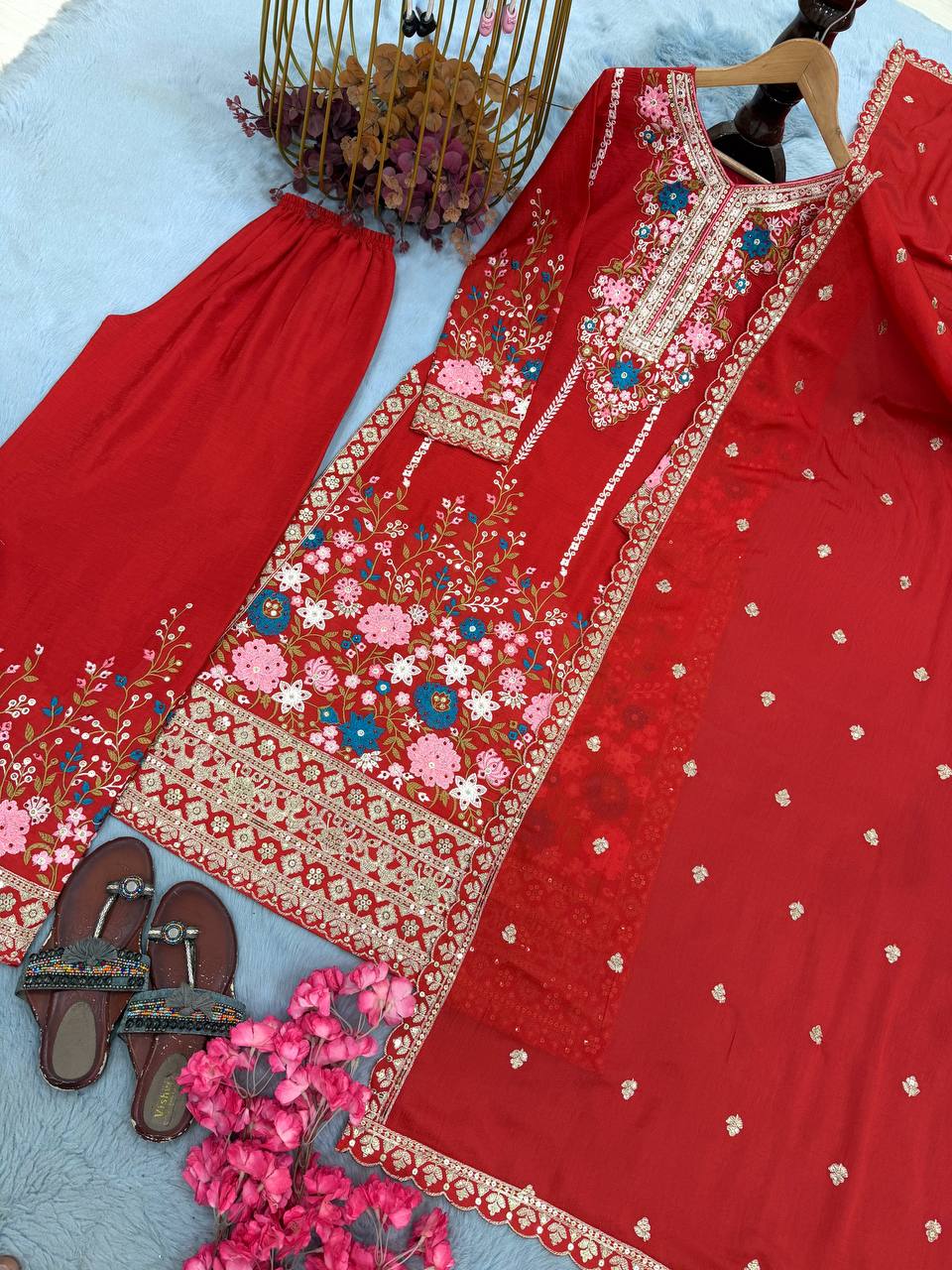Heavy Chinon Silk Diamond Work Kurti Palazzo Set