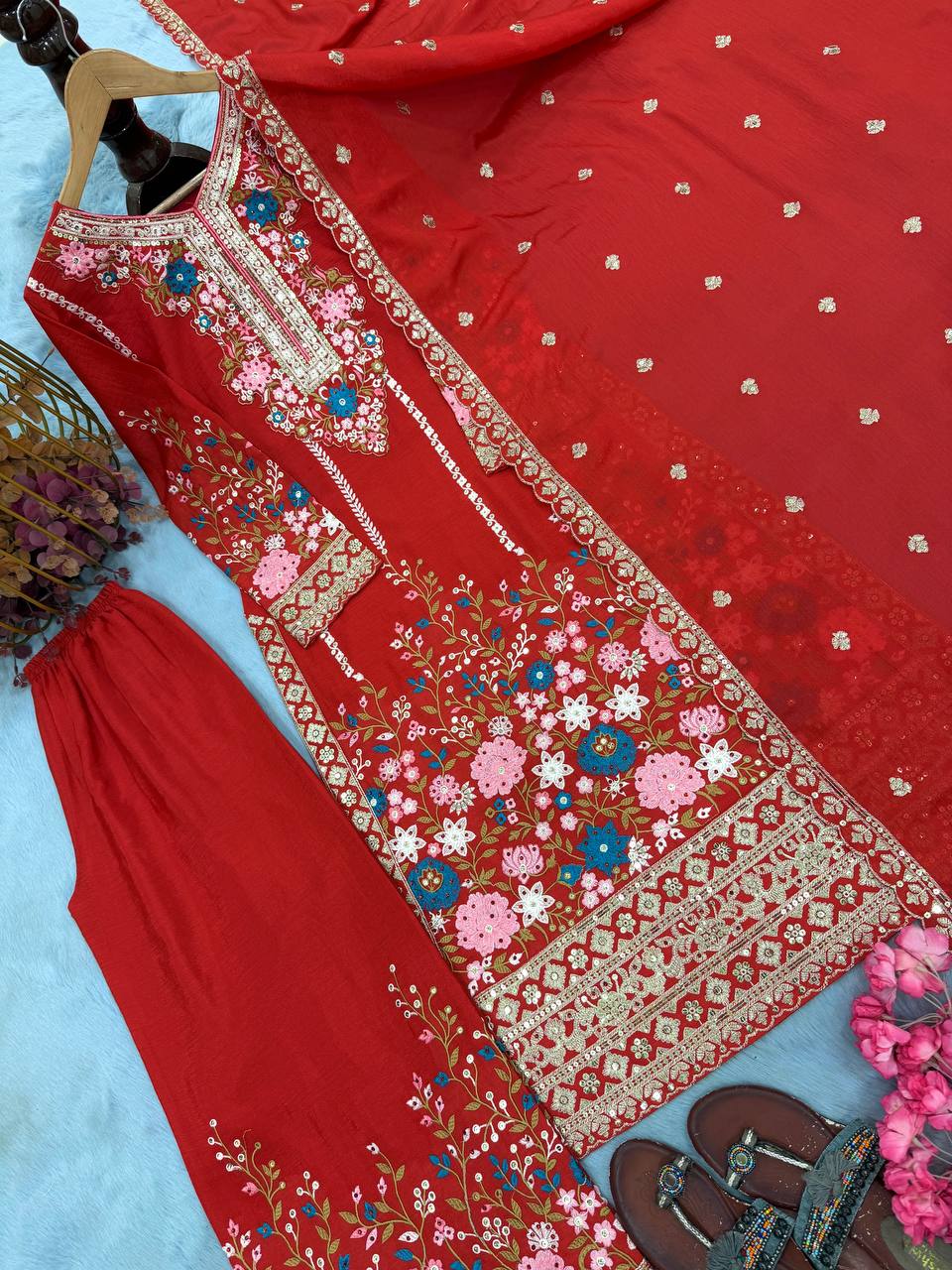 Heavy Chinon Silk Diamond Work Kurti Palazzo Set