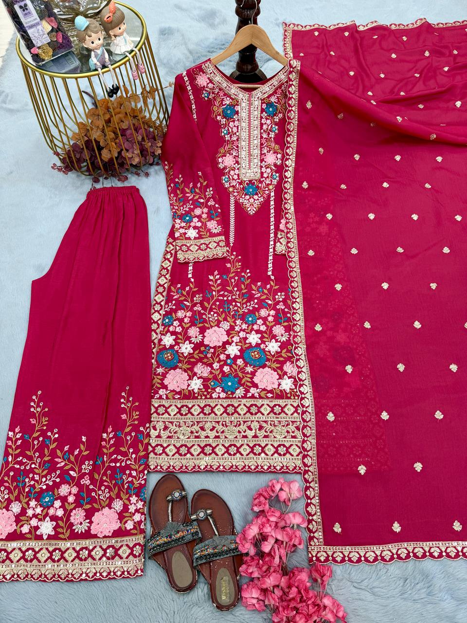 Heavy Chinon Silk Diamond Work Kurti Palazzo Set