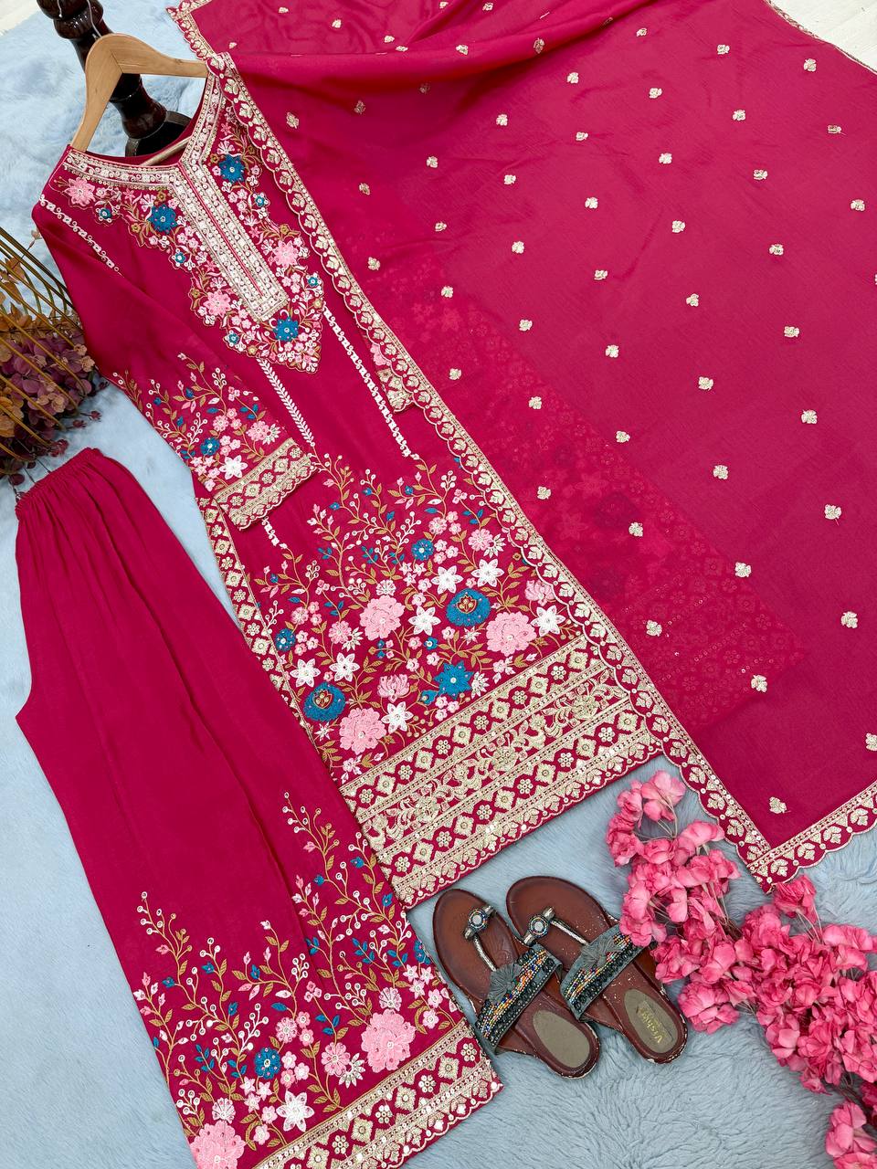 Heavy Chinon Silk Diamond Work Kurti Palazzo Set