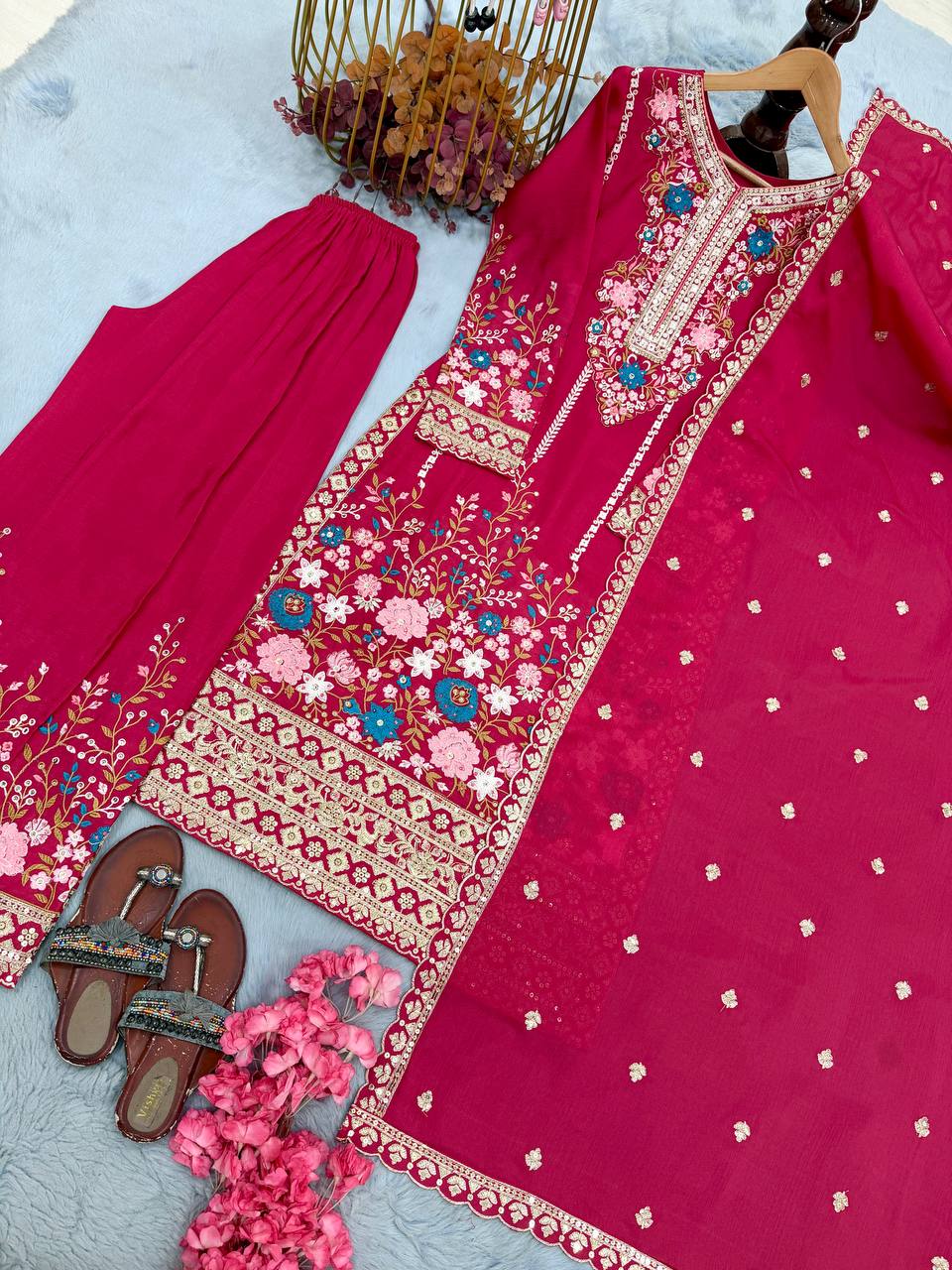 Heavy Chinon Silk Diamond Work Kurti Palazzo Set
