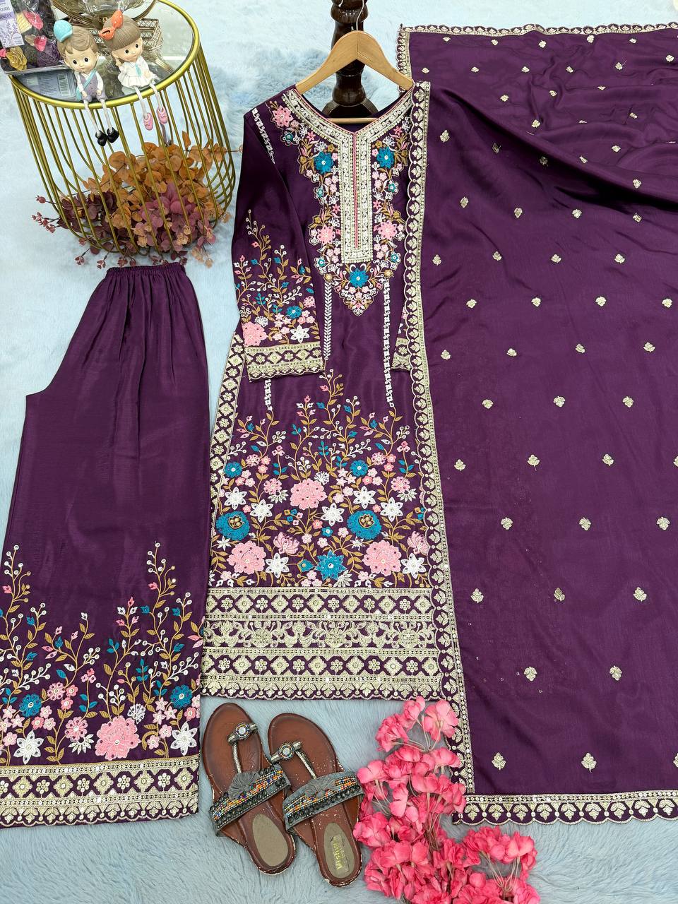 Heavy Chinon Silk Diamond Work Kurti Palazzo Set