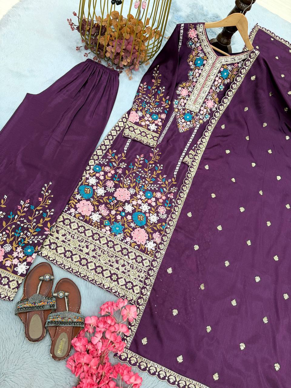 Heavy Chinon Silk Diamond Work Kurti Palazzo Set