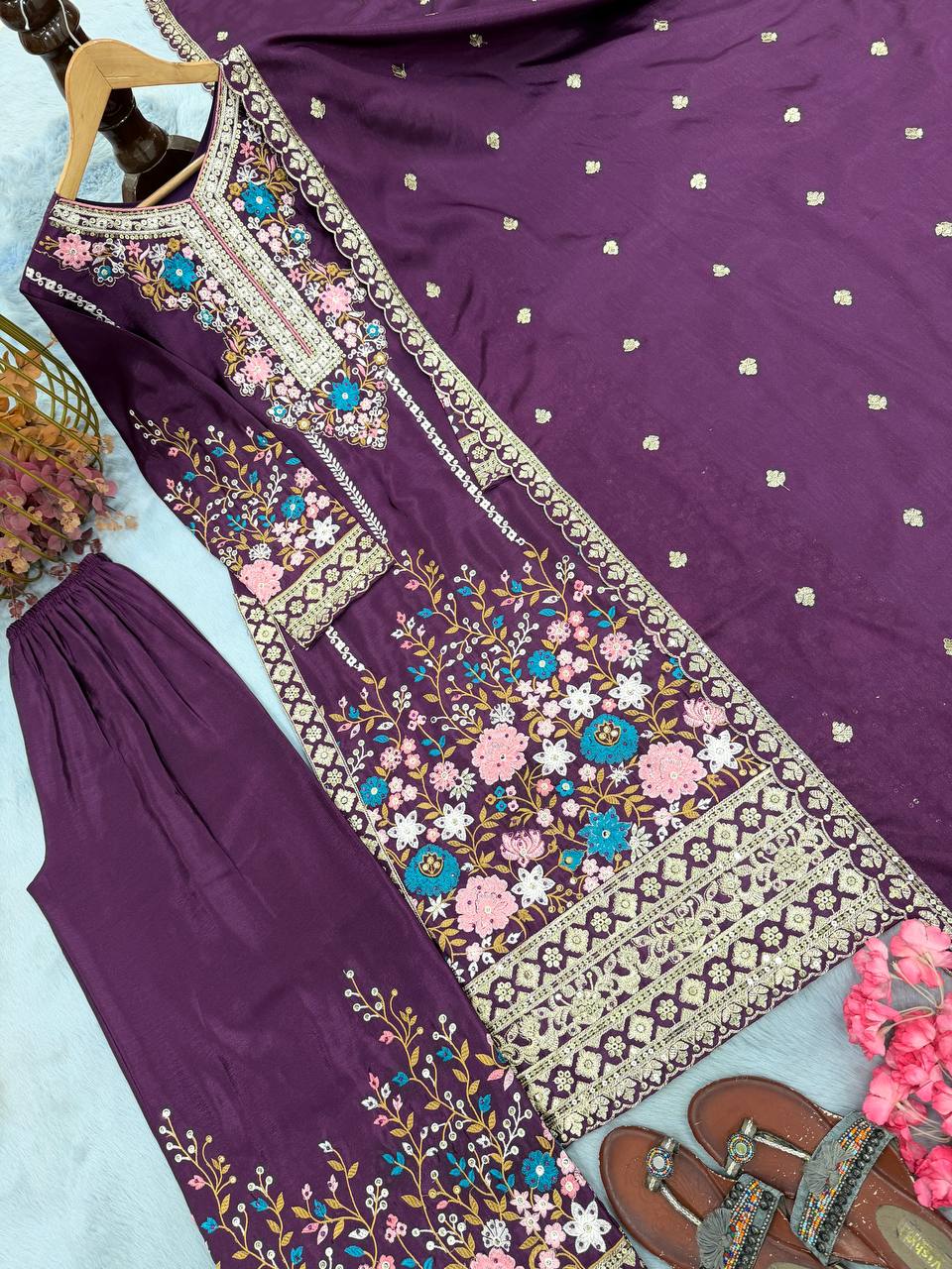 Heavy Chinon Silk Diamond Work Kurti Palazzo Set