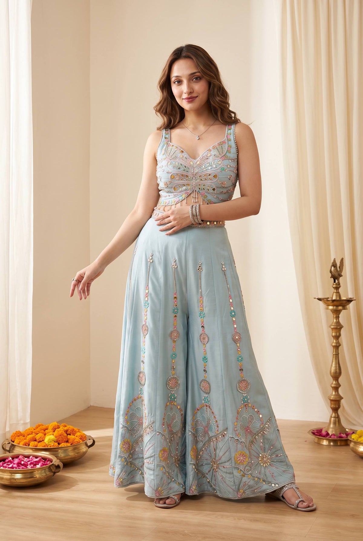 Rangoli Silk Palazzo Set with Heavy Butterfly Net Dupatta