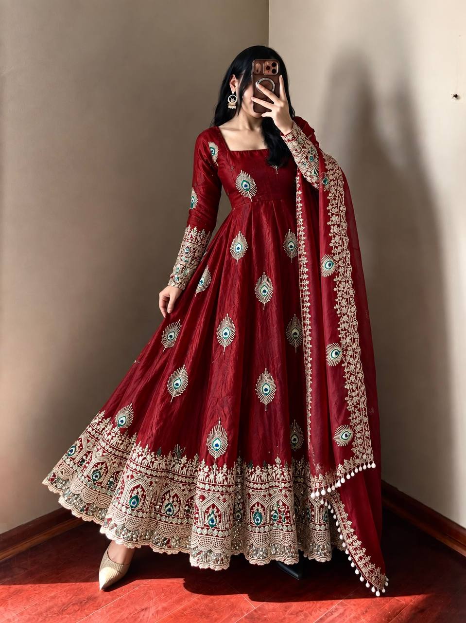 Party Wear Fendy Silk Heavy Embroidered Gown Set with Pant & Dupatta