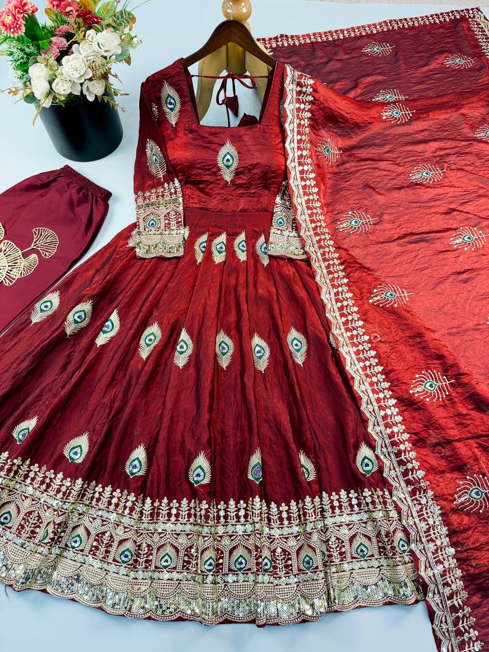 Party Wear Fendy Silk Heavy Embroidered Gown Set with Pant & Dupatta