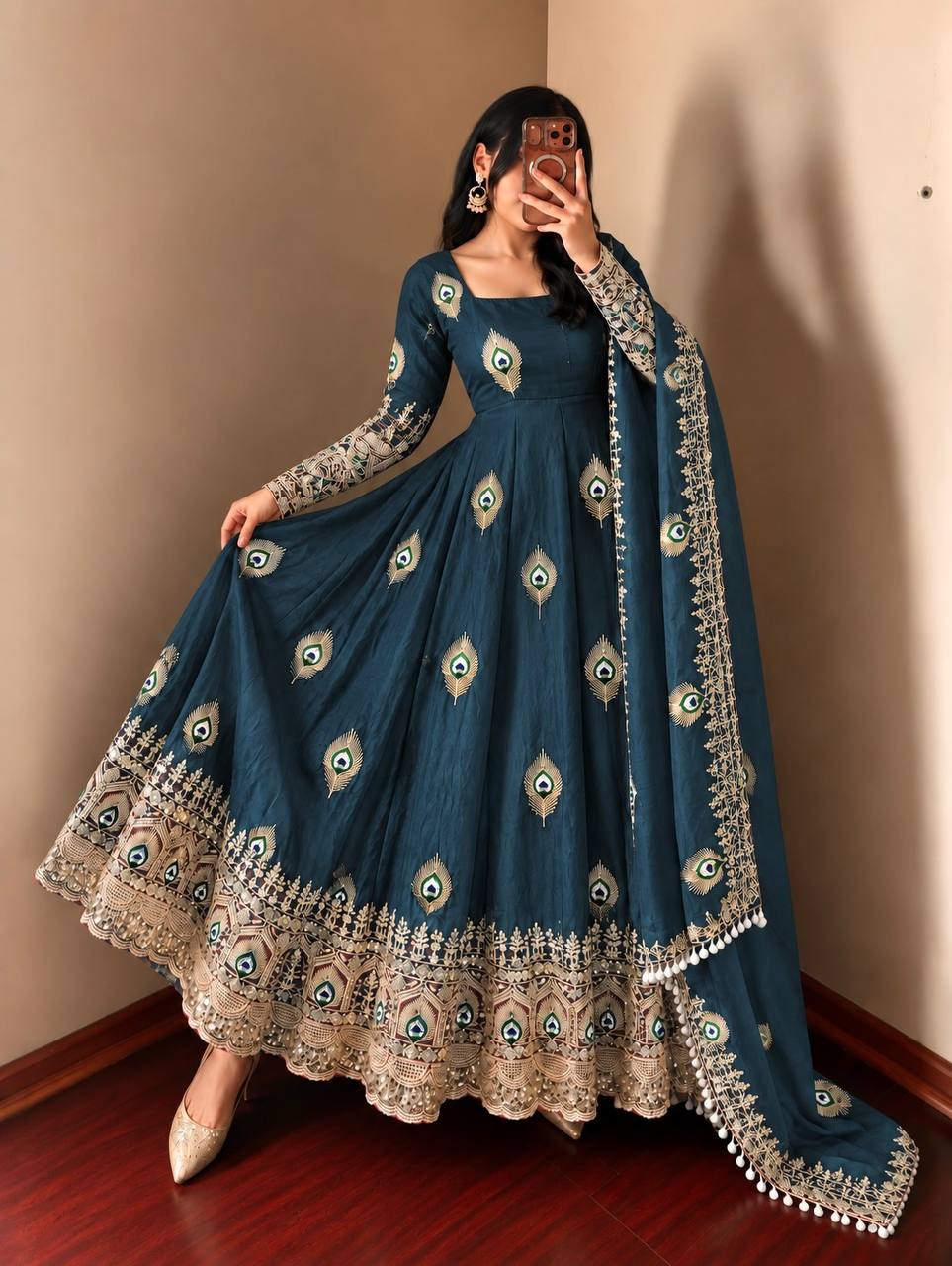 Party Wear Fendy Silk Heavy Embroidered Gown Set with Pant & Dupatta