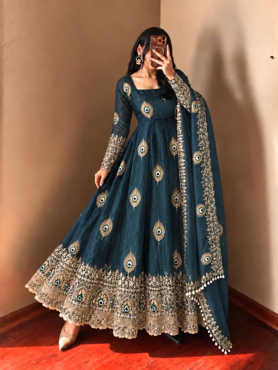 Party Wear Fendy Silk Heavy Embroidered Gown Set with Pant & Dupatta
