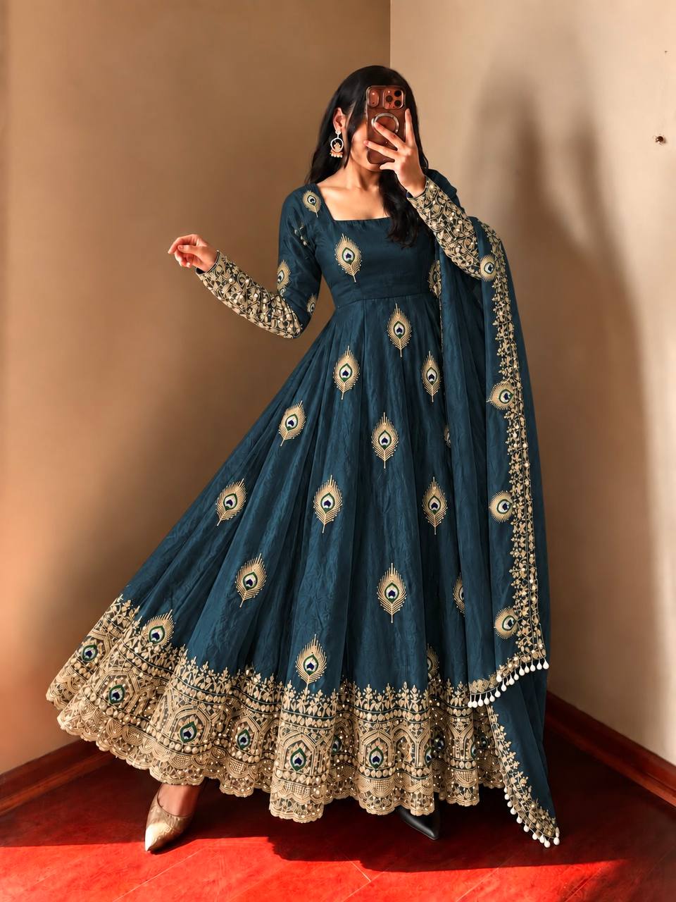 Party Wear Fendy Silk Heavy Embroidered Gown Set with Pant & Dupatta