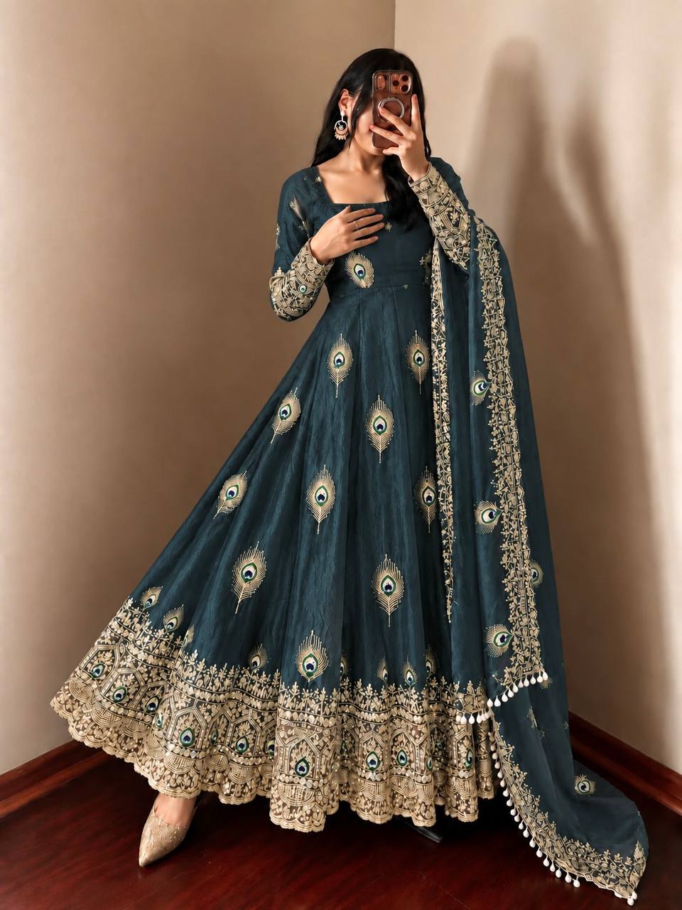 Party Wear Fendy Silk Heavy Embroidered Gown Set with Pant & Dupatta