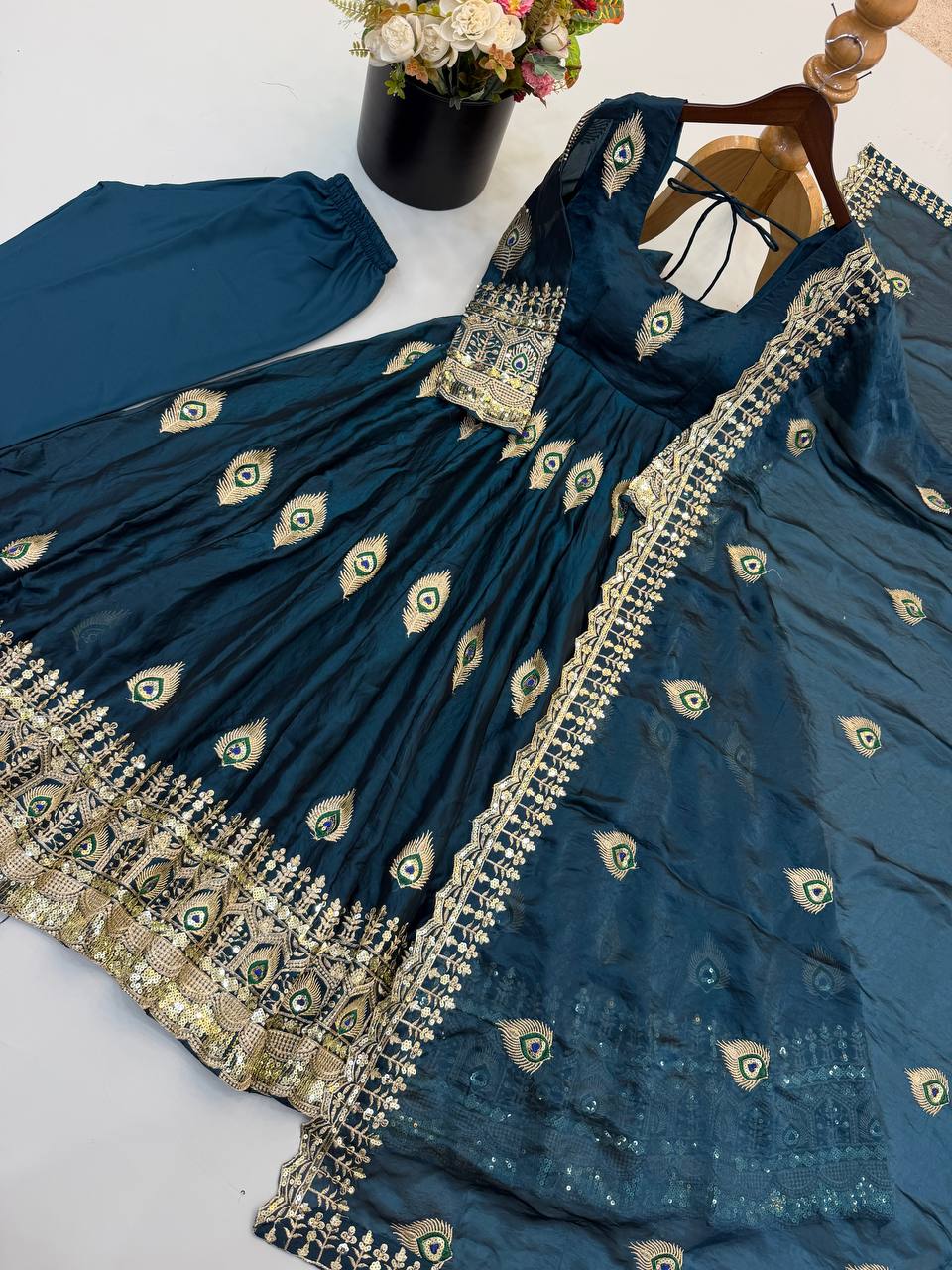 Party Wear Fendy Silk Heavy Embroidered Gown Set with Pant & Dupatta