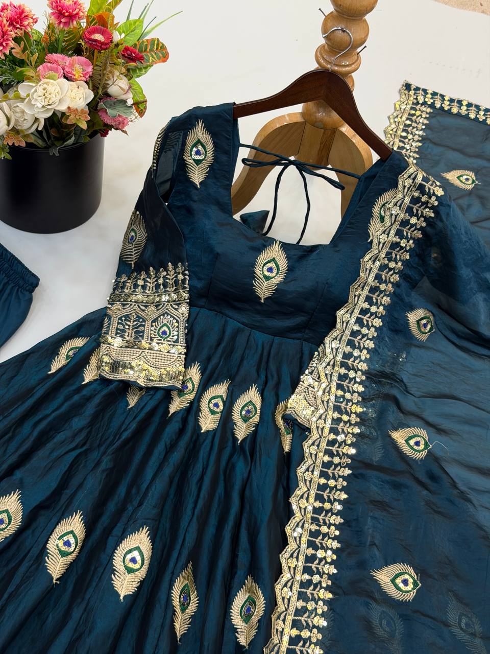 Party Wear Fendy Silk Heavy Embroidered Gown Set with Pant & Dupatta