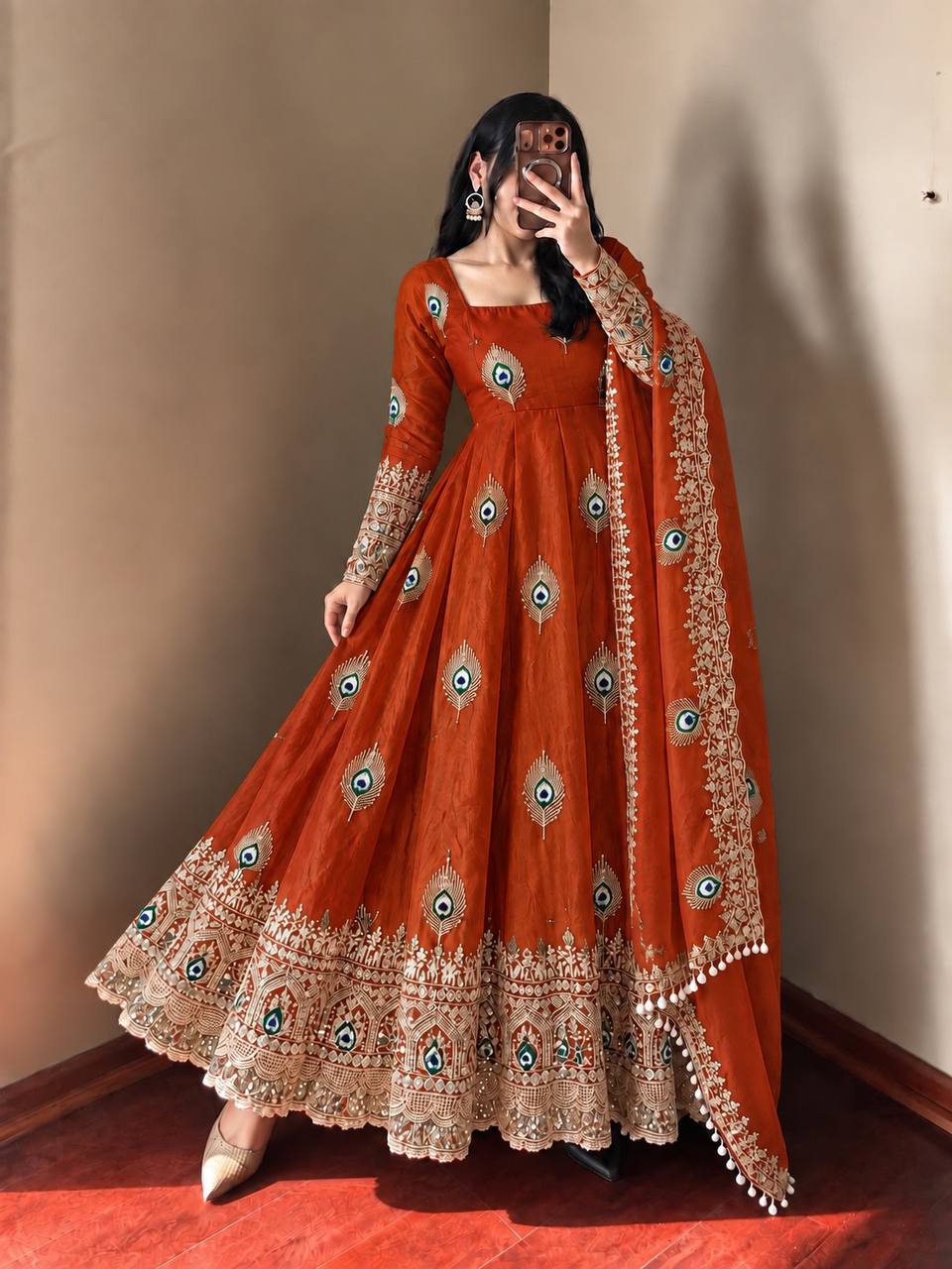 Party Wear Fendy Silk Heavy Embroidered Gown Set with Pant & Dupatta