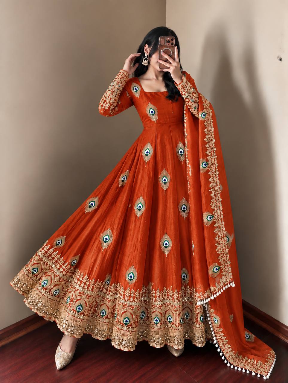 Party Wear Fendy Silk Heavy Embroidered Gown Set with Pant & Dupatta